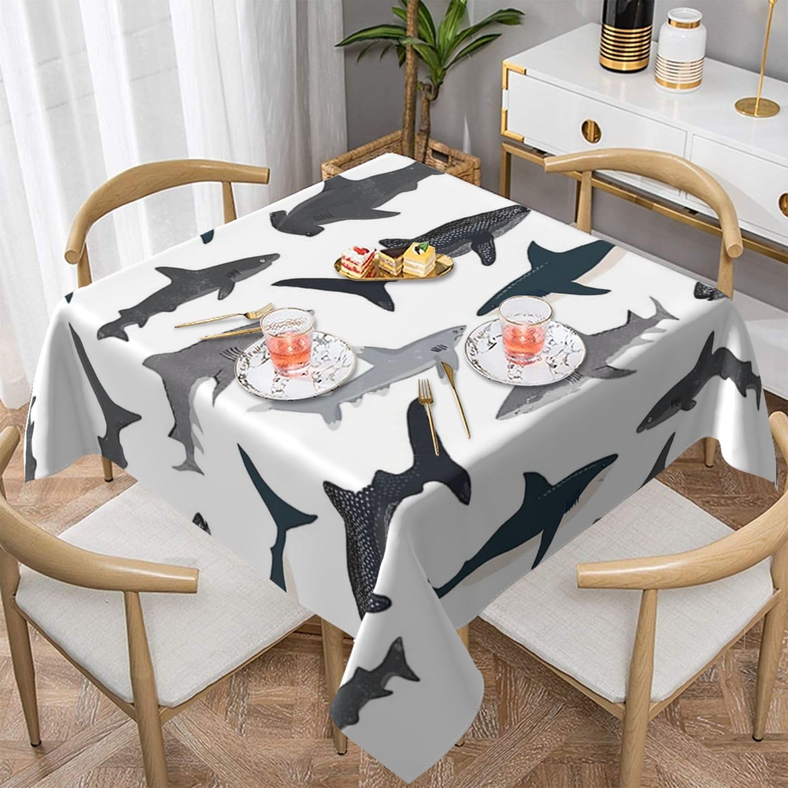 DCEHGEW sharks nautical Prints Square Tablecloth 137x137 CM, Waterproof Fabric Table Cloth for Dining Table, Farmhouse Table Cover for Kitchen Dining Tabletop Decoration
