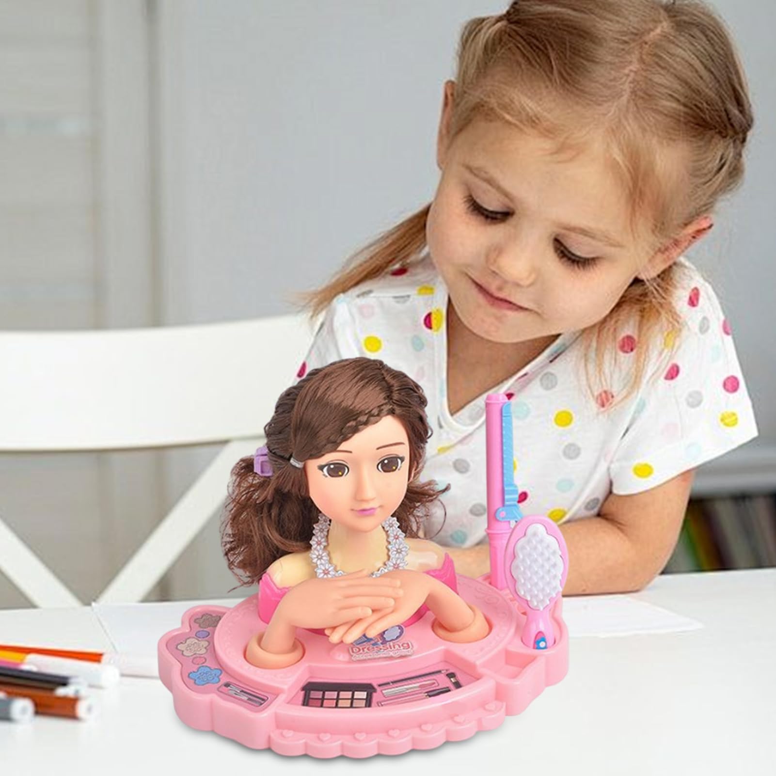 Cabeza de muñeca para niños para peinar el cabello - Kit de peluquería y maquillaje multiusos para niñas con cepillos, peines y accesorios, juego de actividades de juego creativo | Regalo ideal para N