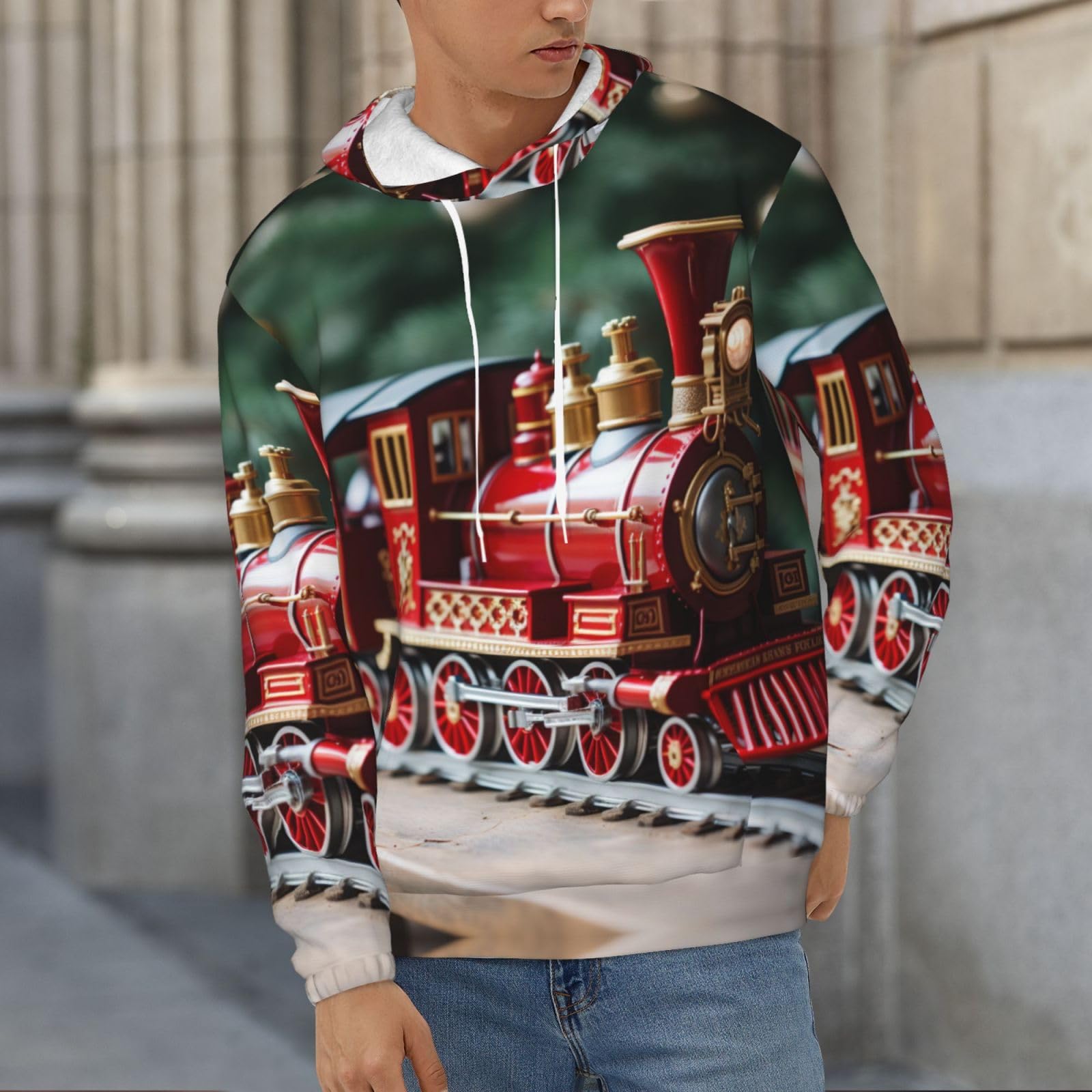Męska bluza z kapturem z nadrukiem świątecznego pociągu, casualowa grafika z nadrukiem bluzy z kapturem z kieszenią