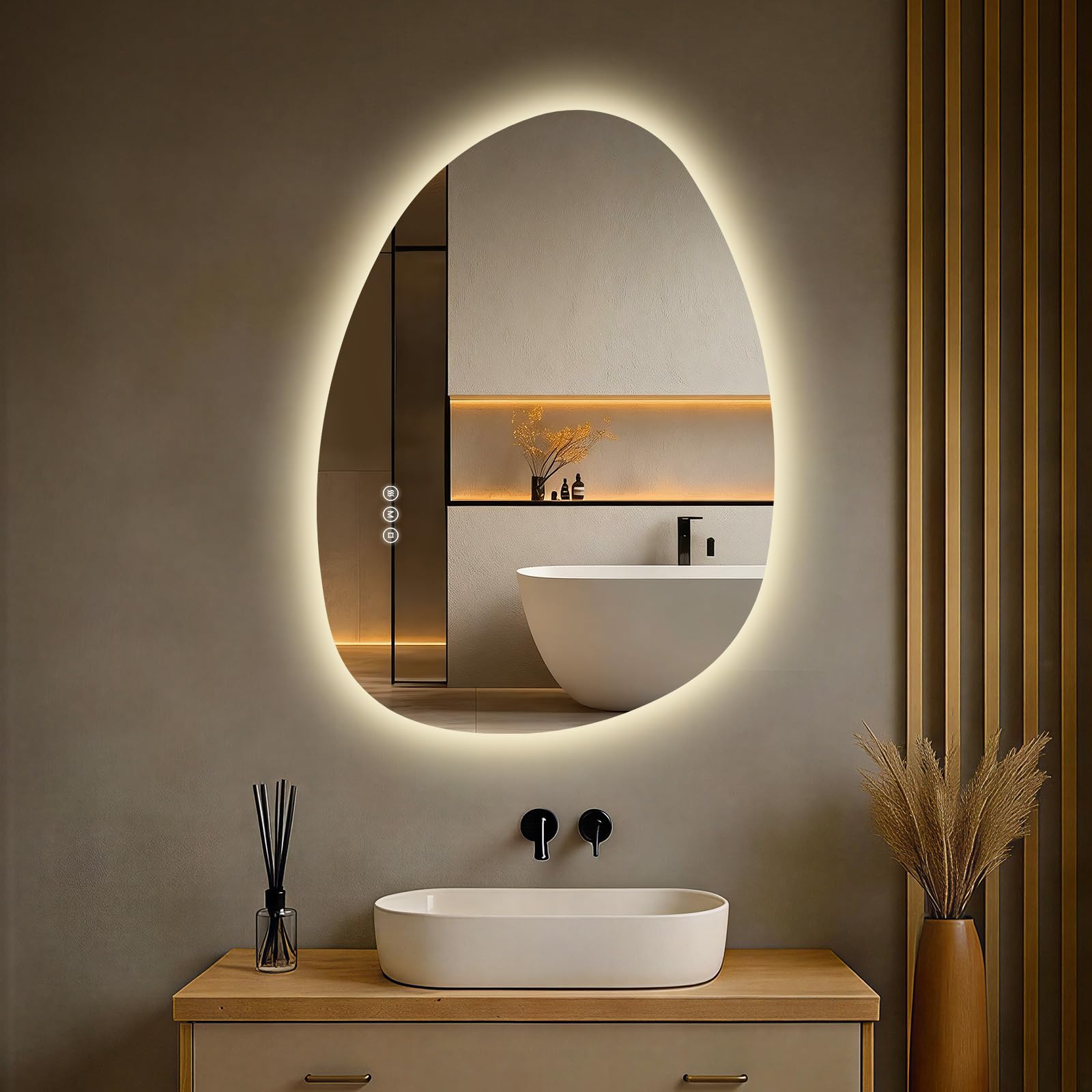S'AFIELINA LED Bathroom Mirror, 75x55 cm Asymmetrical Wall-Mounted Mirror with Smart Touch Switch, Anti-Fog, Dimmable 3-Color Lights, Memory Function, Vanity Mirror for Modern Bathrooms/Living Rooms
