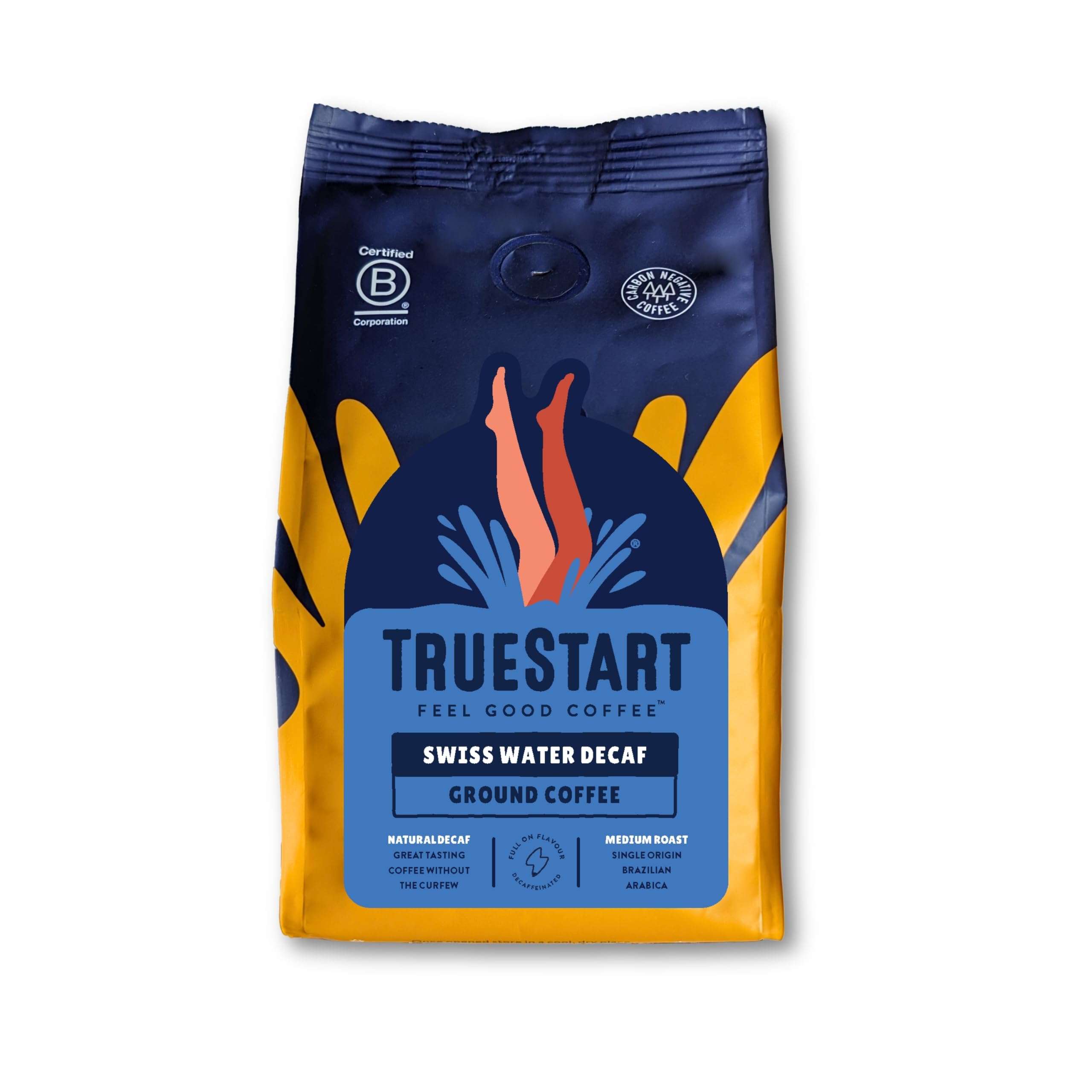 TrueStart Ground Coffee, Swiss Water Decaf, 200g, 1 Pack | 100% Arabica, Medium Roast, Specialty Grade - Mycotoxin-Free & Antioxidant Rich Decaf Coffee Grounds for Cafetiere, Aeropress