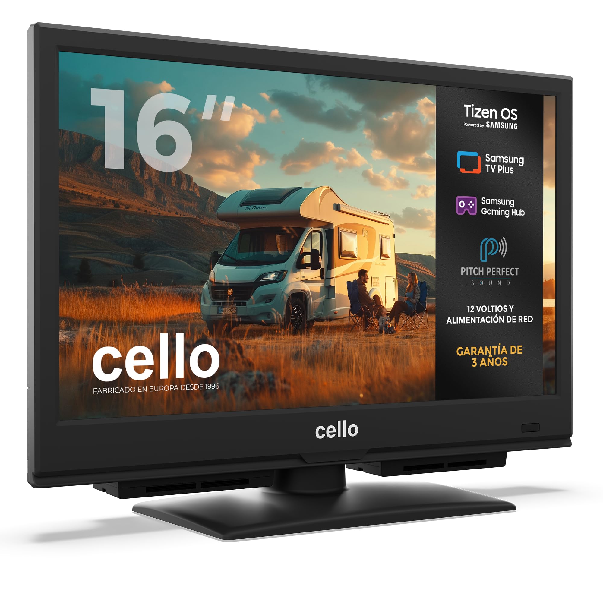 Cello CTRAV-16TZ Smart TV de 16 Pulgadas, 12 V/230 V, Tizen OS de Samsung, Gaming Hub, Bluetooth y sintonizador Triple