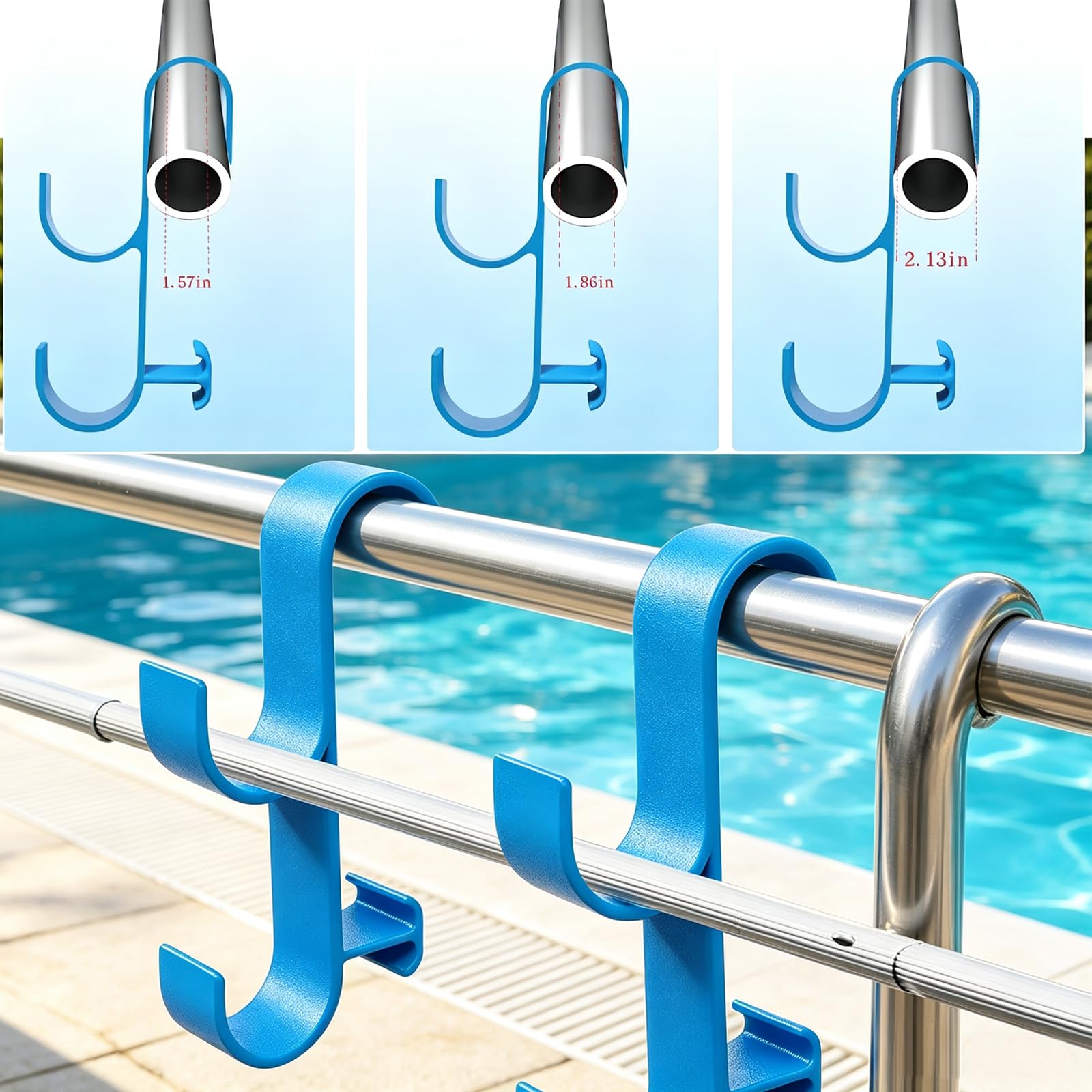 Condition photo showing New/Like New for 2pcs above ground pool pole hooks, double hanging bracket for pool telescopic pole, leaf skimmer net & vacuum hose, pool rail accessory storage hanger(blue)