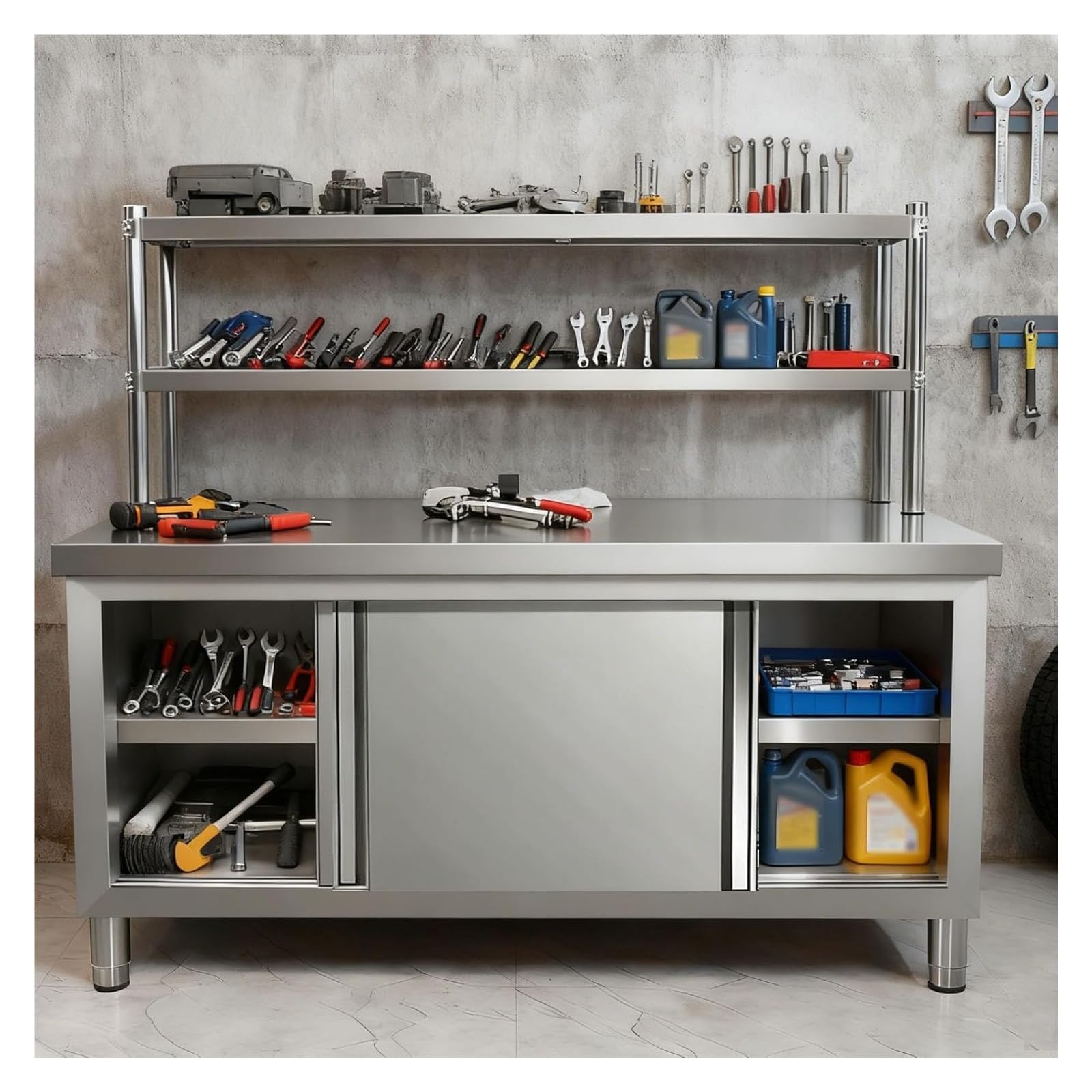 ZCXMNL Steel Table With Cabinet,Kitchen Work With Storage,Stainless Sliding Door Tables,Commercial Restaurant Prep Heavy Duty Workbench W/Cabinet(120x50x80cm)