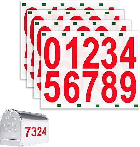 Miniatura 1 de Reflective Mailbox Numbers, 4 Sets Large 0-9 Self Adhesive Number Stickers, Address Numbers for Outside, House, Trash Cans, Cars, Door (4 inch, Red)