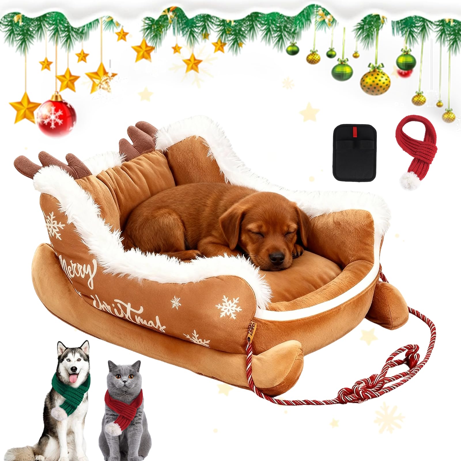 Weihnachts Schlitten Haustierbett aus Plüsch für Hunde & Katzen (Braun,L)