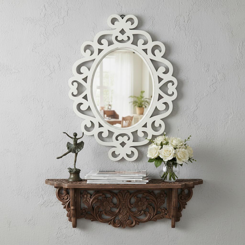 THE URBAN STORE Wall Mirror Wooden Distressed White Color 18"x14" Pack of One French Style Elegantly Hand Crafted Floral Carving Mirror for Home and Office Decor TUSMR78WH-image-47