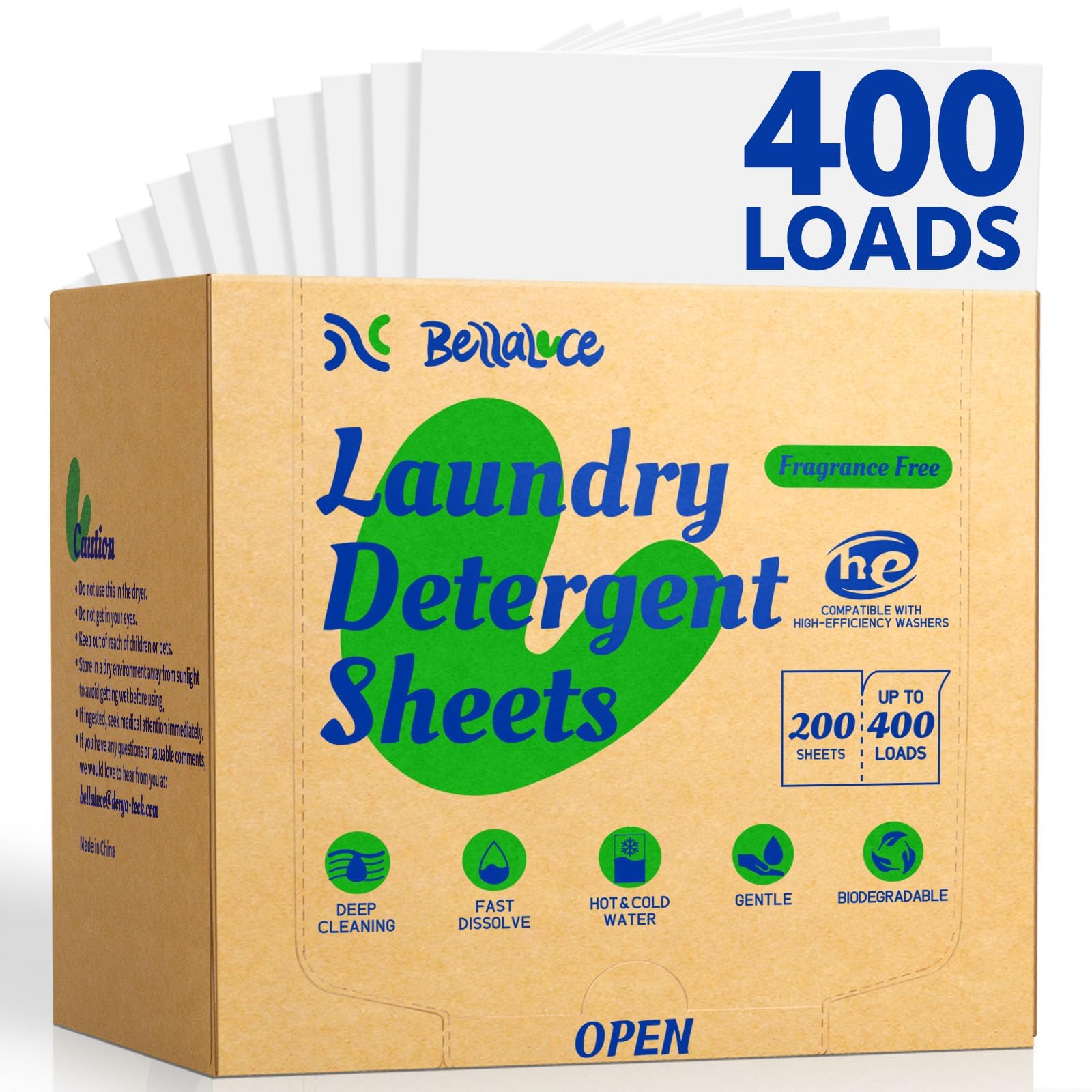 BellaLuce Laundry Detergent Sheets - Fragrance Free, 400 Loads
