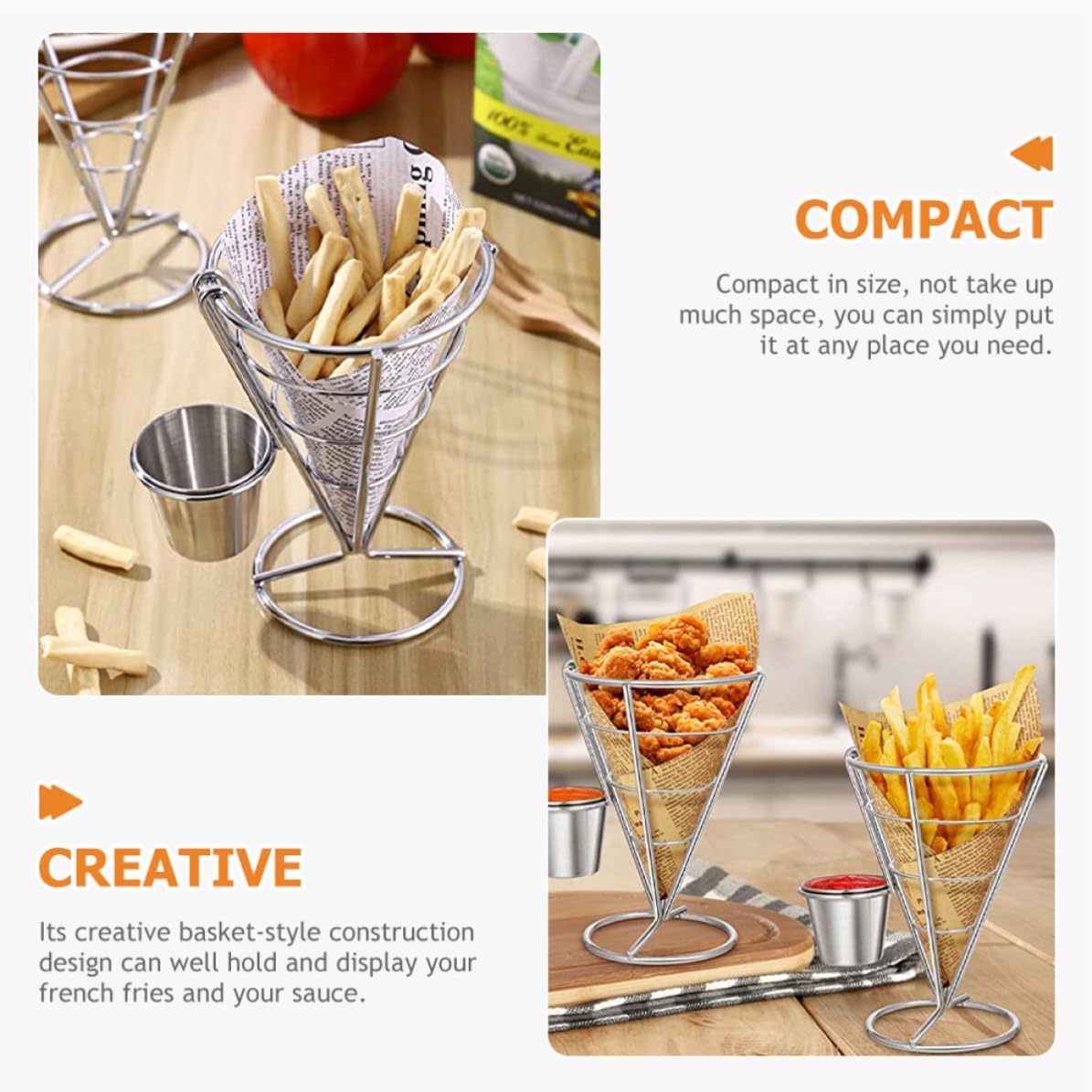 2pcs French Fries Cone Basket with Sauce Dippers Stainless Steel Snack Holder Practical and Beautifully Designed for Restaurant and Party Serving