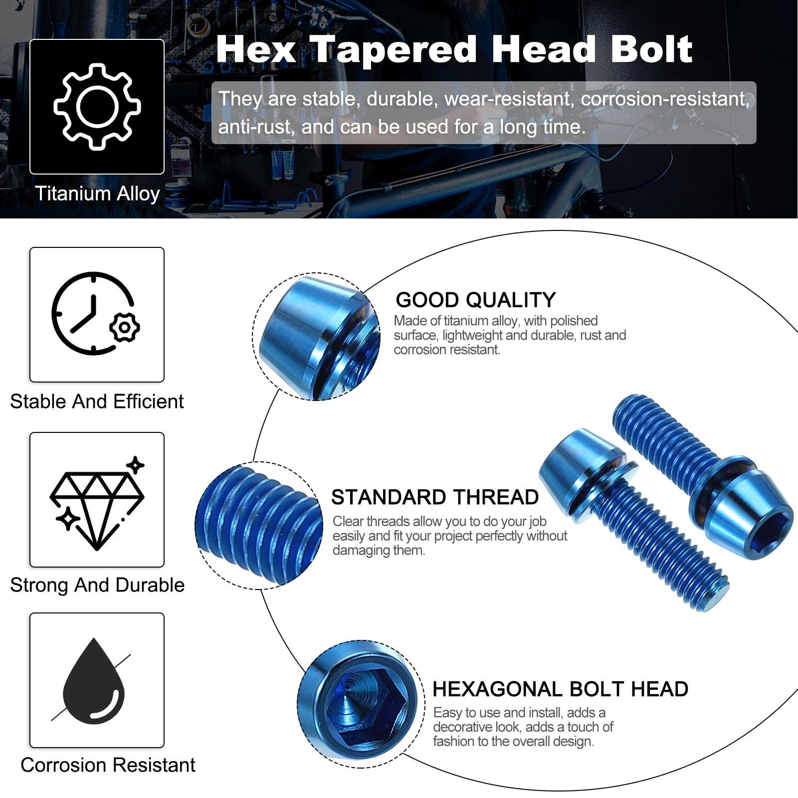 PATIKIL M6x20mm Titanium Bicycle Stem Bolt, 4 Pack Hex Tapered Head Bolt Mountain Bike Screw Replacement with Washer for Bicycle Stem Parts, Blue - Image 3