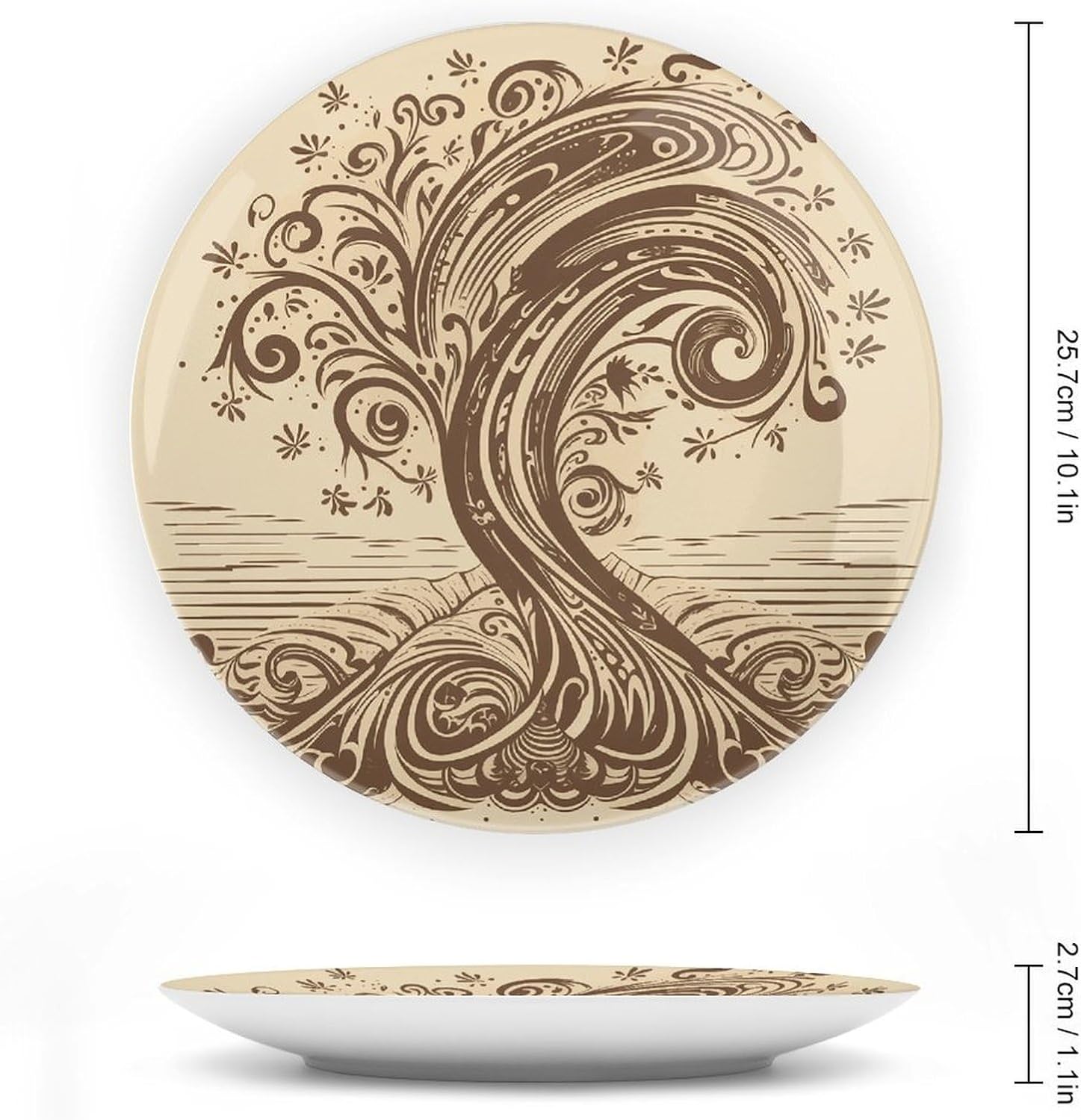 Brown Pattern Tree Ceramic Plate 10inch Decorative Bone China Wall Hanging Ornament Plates Bohemian Style Dinner Plate with Display Stand Cabinet Display Plates for Home Art Decor