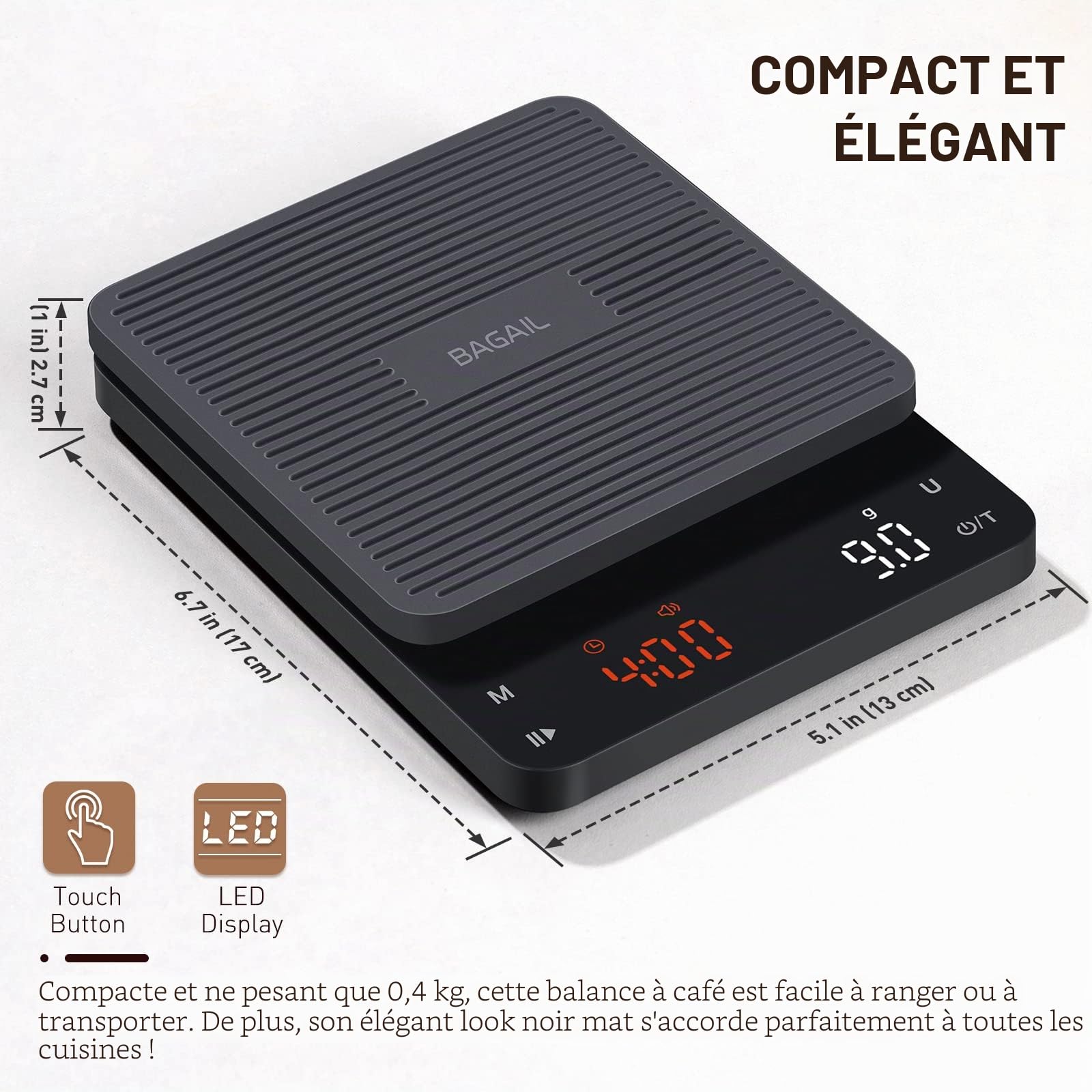 BAGAIL Balance Numérique à Café avec Minuterie, Précision 0.1g, Grand Écran, Tarage Automatique, Boutons Tactiles, Rechargeable pour Café Filtre, Poids Max 3kg