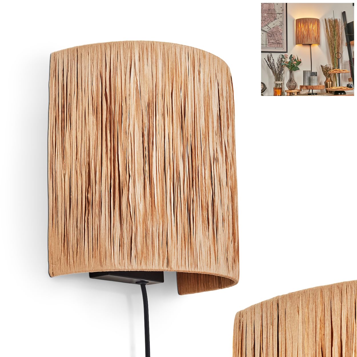 Wandleuchte Cardeal, Wandlampe aus Metall/Bast in Schwarz/Natur, Leuchte im Boho-Design, Wandleuchte mit Stecker und Schalter, abnehmbares Kabel, UP & Down Lichteffekt, 1 x E27, ohne Leuchtmittel