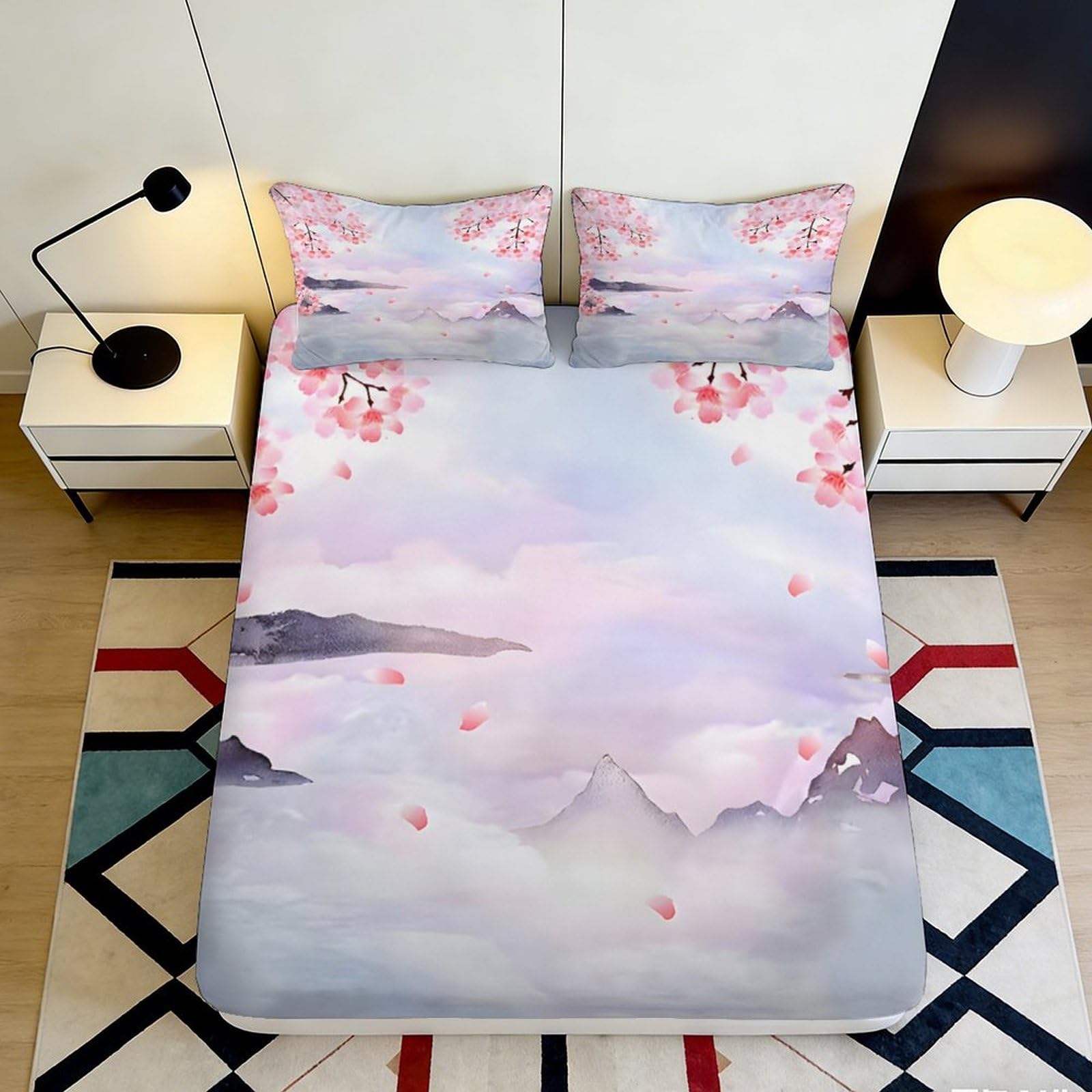 3D Printed Cherry Blossom Mist Fitted Sheet Microfiber Soft Breathable Mountain Landscape Bed Cover for Bedroom Dorm Mattress Decor 90x200x25cm