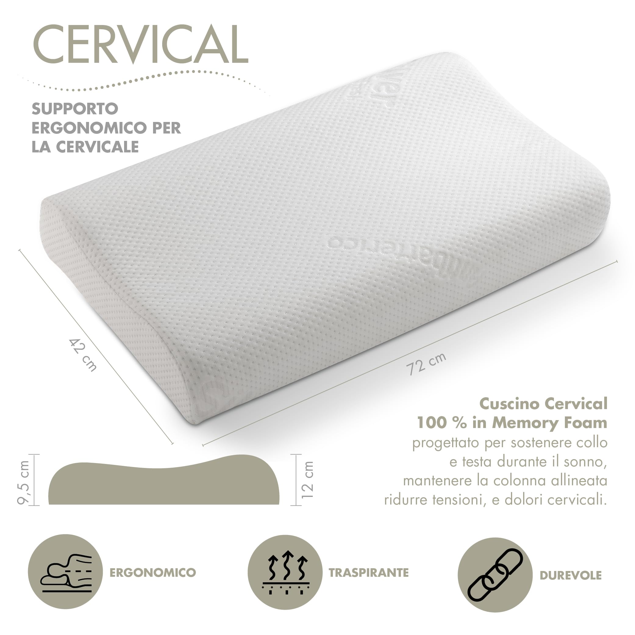 EMTEX Cuscino Cervicale Anallergico Memory Foam Sfoderabile Guanciale Silver Antibatterico Antiacaro Supporto Anatomico Made in Italy.