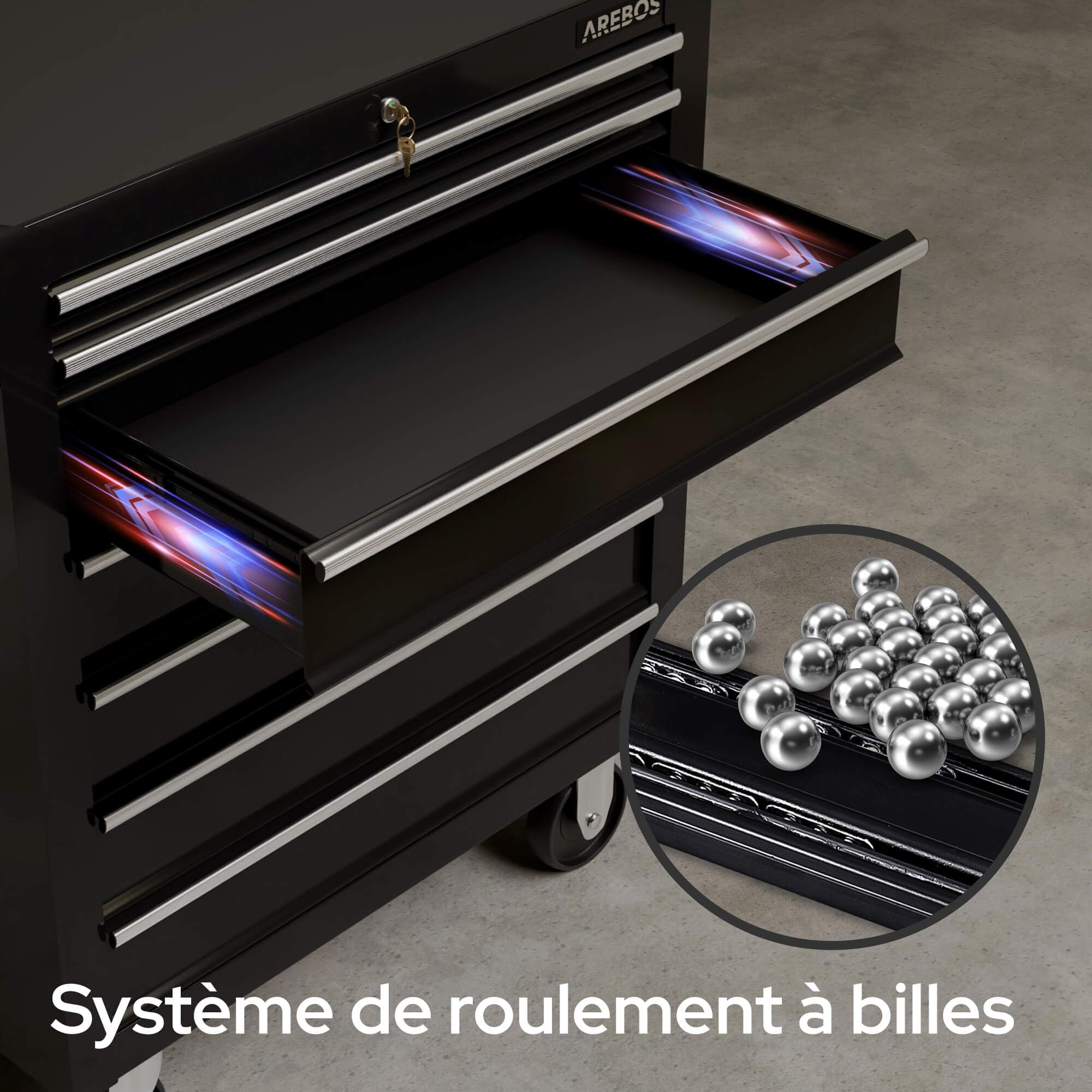 AREBOS Chariot d'atelier | Chariot à Outils | 7 Tiroirs | Verrouillable | 4 roulettes | Tapis antidérapants | Noir | 70 x 33 x 78 cm