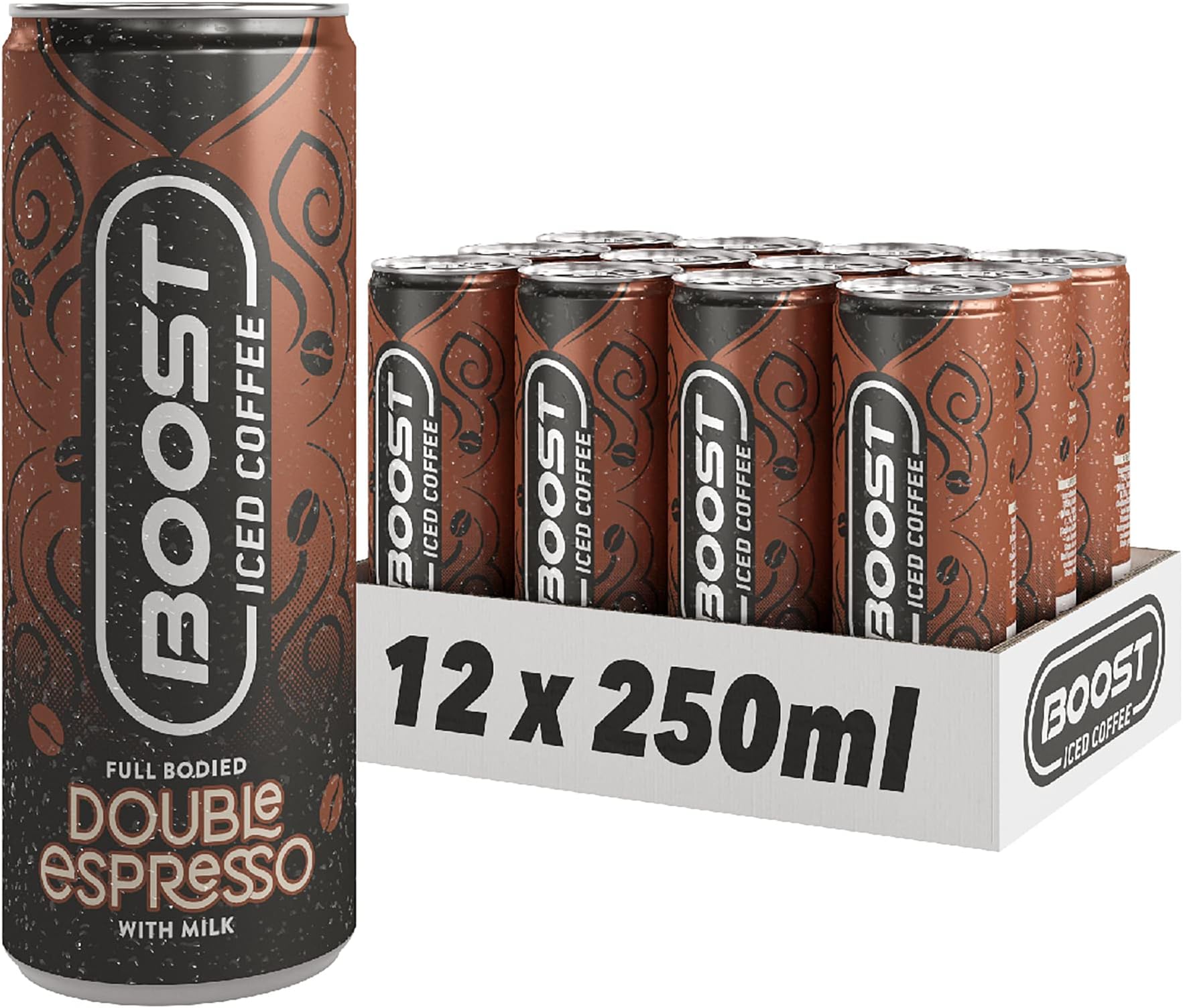 Boost Iced Coffee Double Espresso, 12 x 250 ml, Ready-To-Drink Cold Brew Coffee Drink, The Perfect Caffeine Boost, A Smooth and Mellow Blend of 100% Arabica and Robusta Beans with Milk