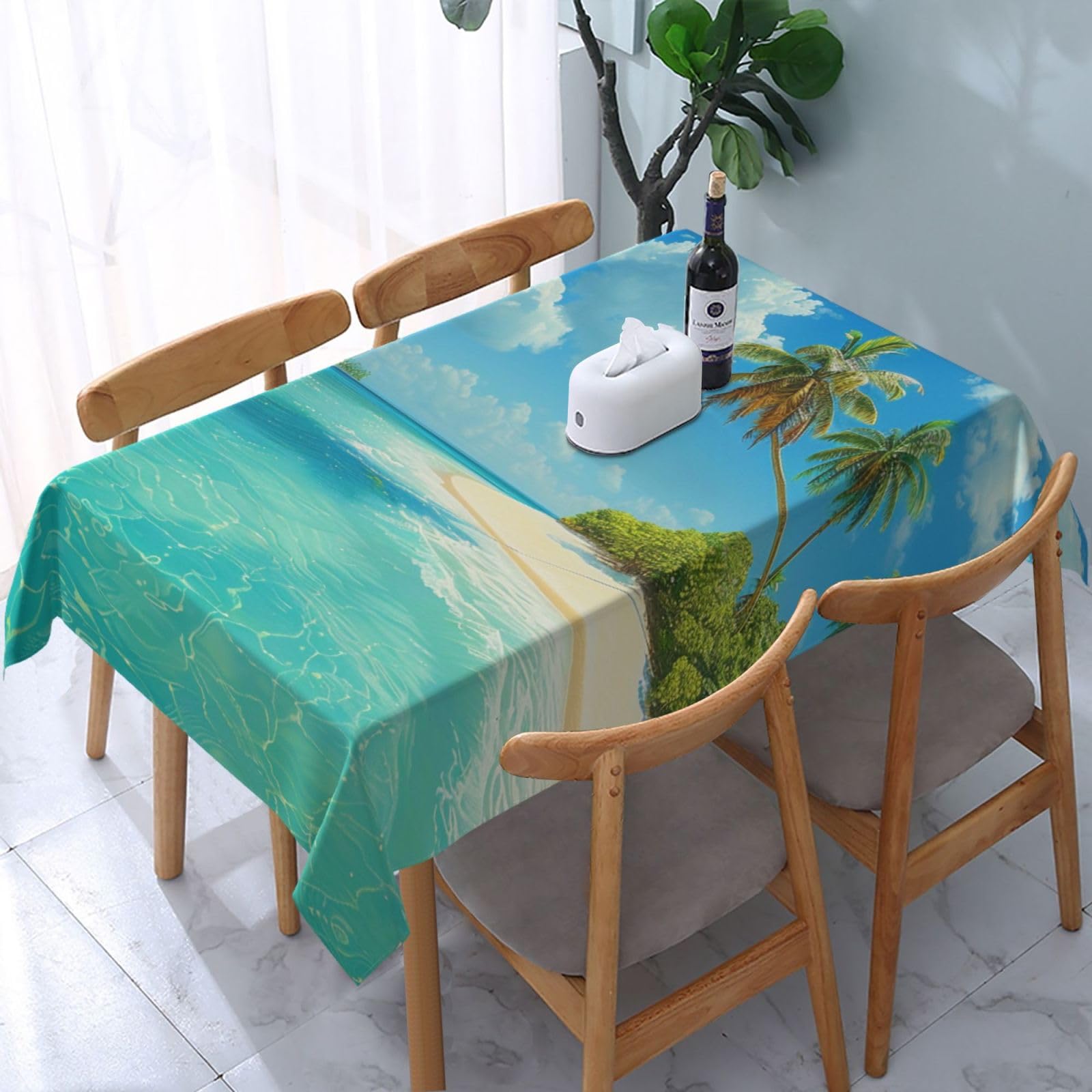 WPKJU Island with Sandy Beach and Palm Tree Printed Tablecloth Water Resistant Table Cover Washable Rectangle Table Cloth for Tables 54x72 in