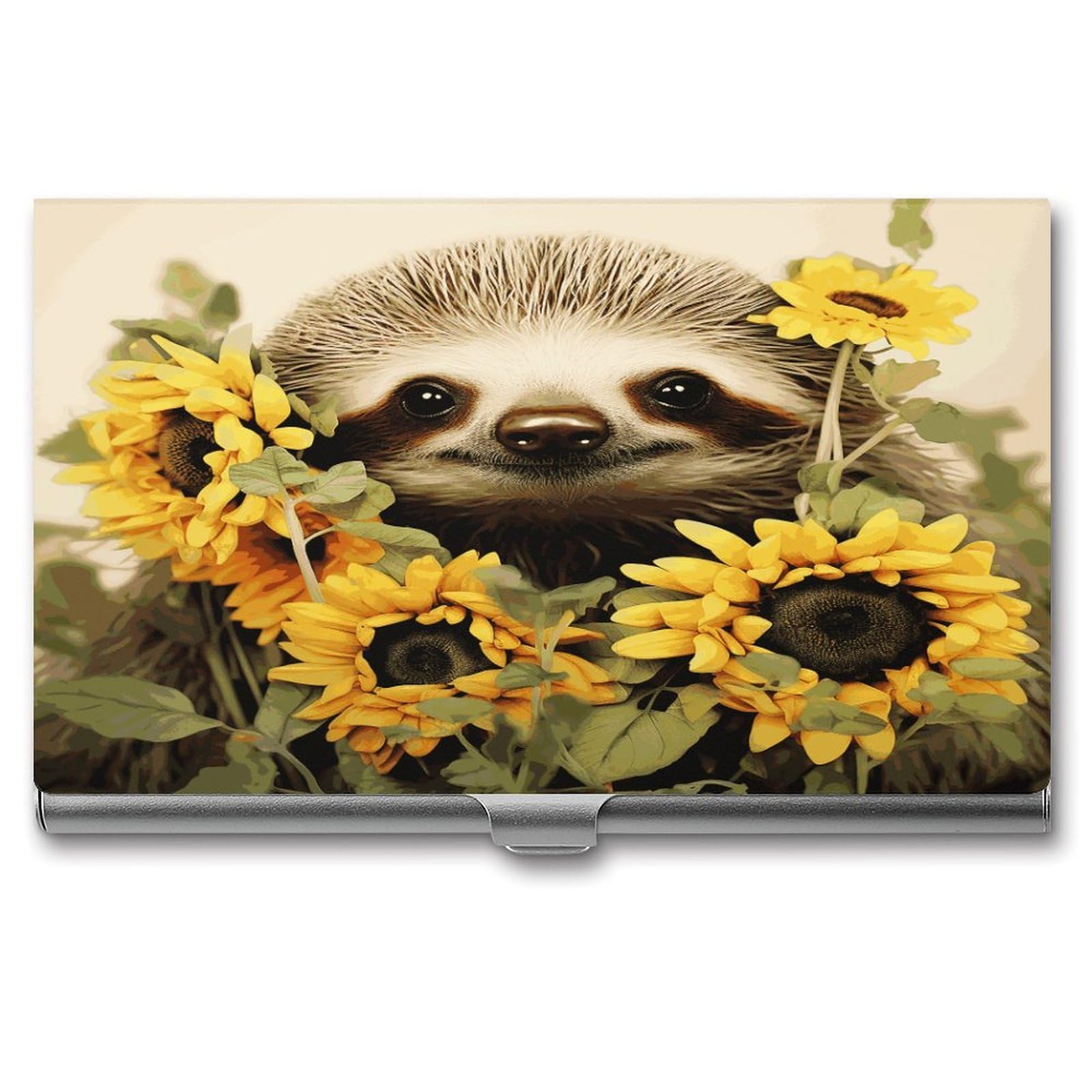 LDGSUPH Sloth Sunflower Business Card Holder Fashion Slim Name Card Holder Minimalist Design Case Metal Card Carrier Personalized Business Card Case with Flip for Men Women