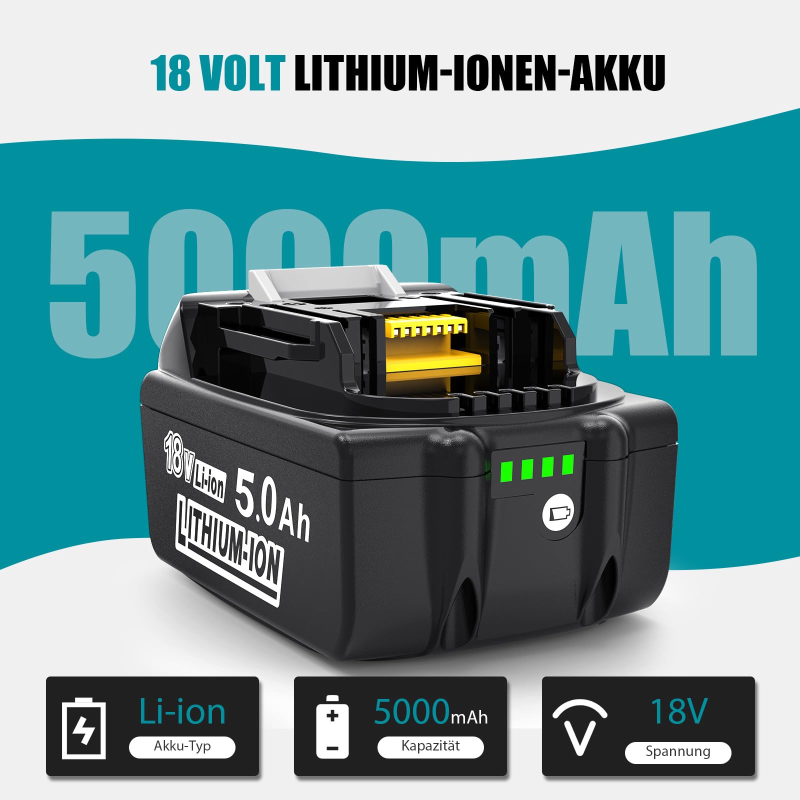 5000mAh Ersatzakku für Makita Akku 18V: Kompatibel mit BL1850B BL1860B