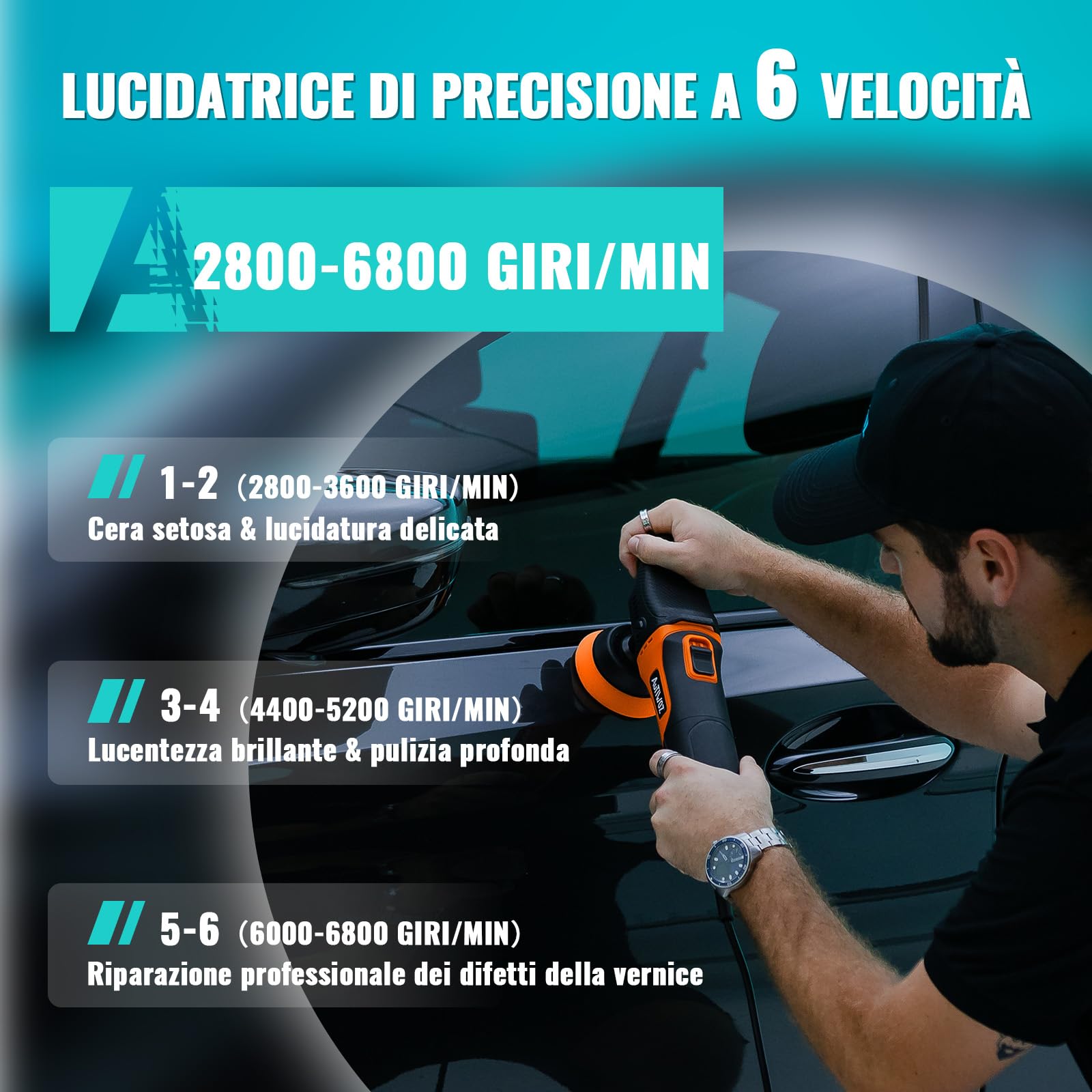 AUTIWOZ Mini lucidatrice per auto, 600 W, con 6 velocità variabili 2800-6800 giri/min, manico laterale rimovibile, albero di prolunga filettato 25 mm, 50 mm, 75 mm