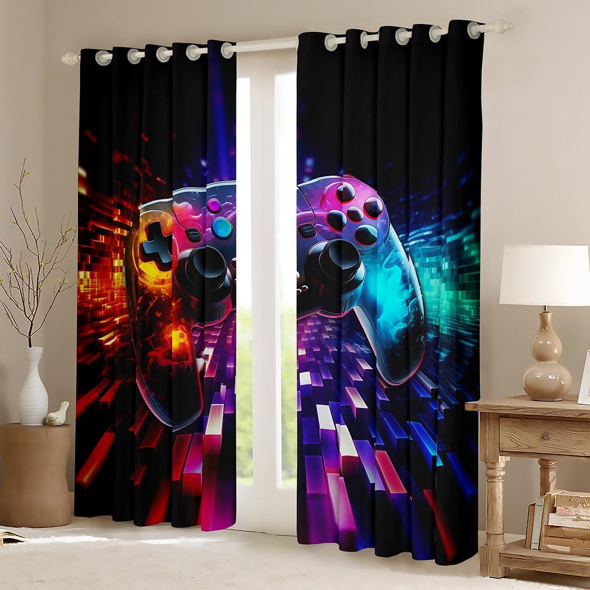 Manfei Modern Gamer Blackout Curtain Geometric Gamepad Gaming Window Treatments, Video Games Window Drapes for Kids Boys Teens Room Decor Grommet Top 2 Panel Set Bedroom Curtains, 38Wx45L inch