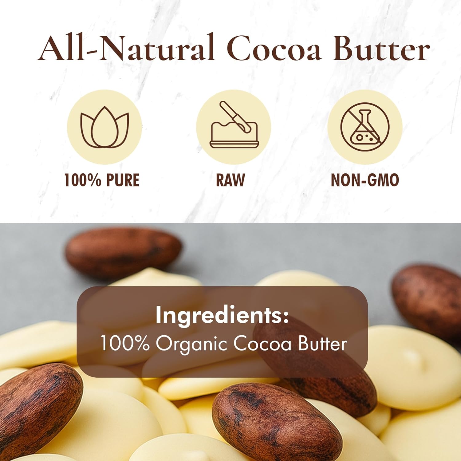 Raw Cocoa Butter-16 oz. - Non GMO - Vegan - Small disks for easy measurement - By SAAQIN ® - Sold exclusively by HalalEveryday