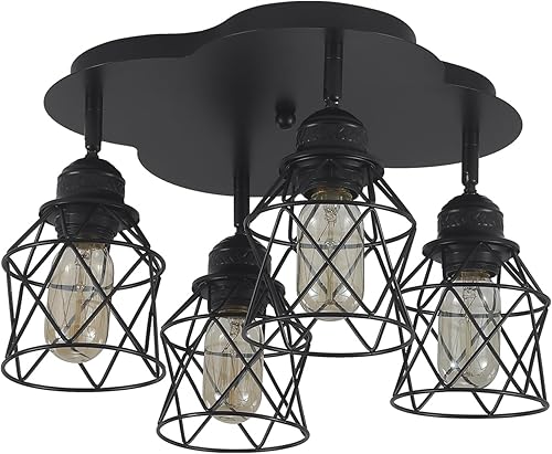 Miniatura 9 de Lámpara de techo de cocina de 4 luces, ajustable, multidireccional, negra, de montaje empotrado, lámpara de jaula de metal vintage para pasillo,