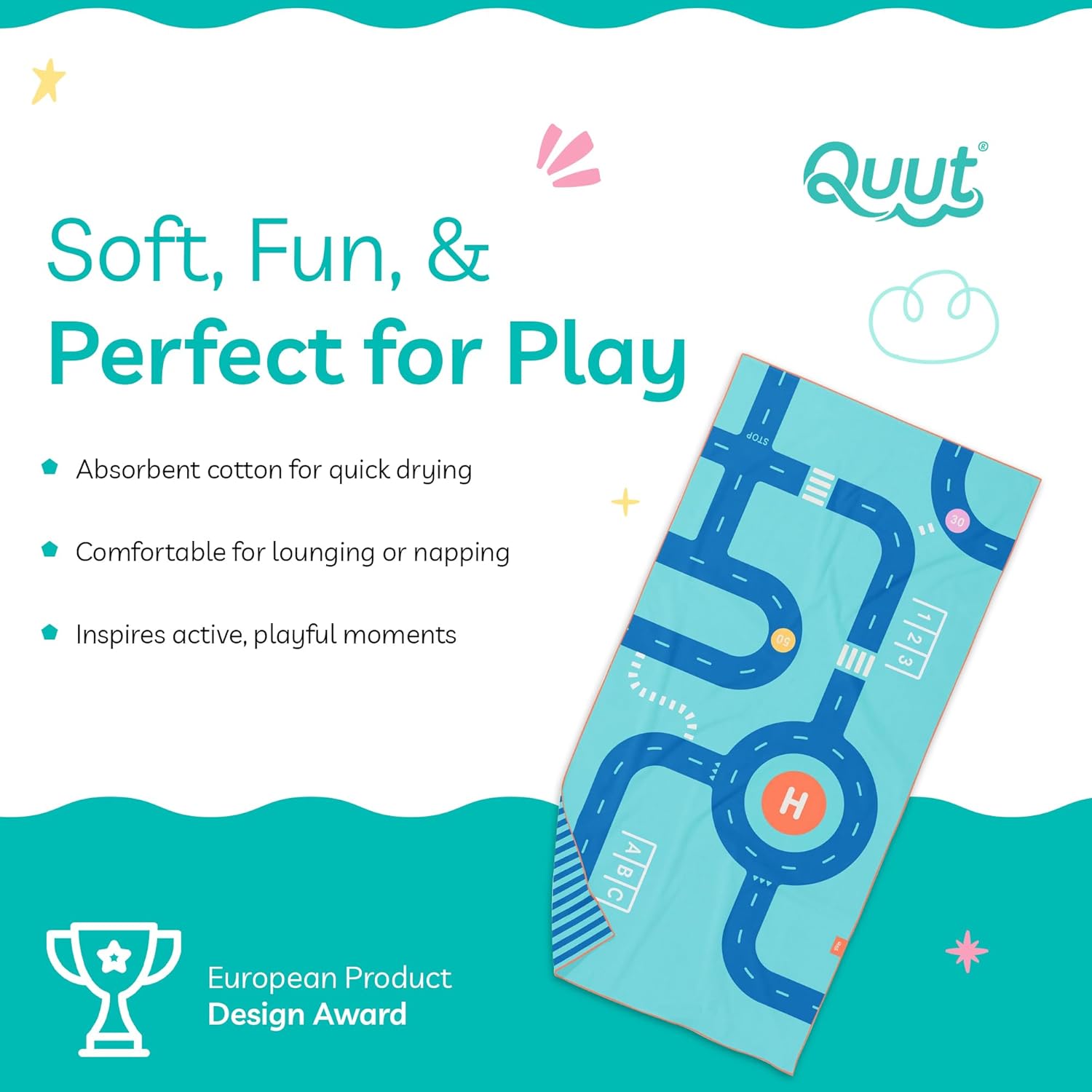 QUUT - Children's Beach, Pool Towel with Play - Ultra Fast Drying Microfibre - Compact, Lightweigh - Road Blue