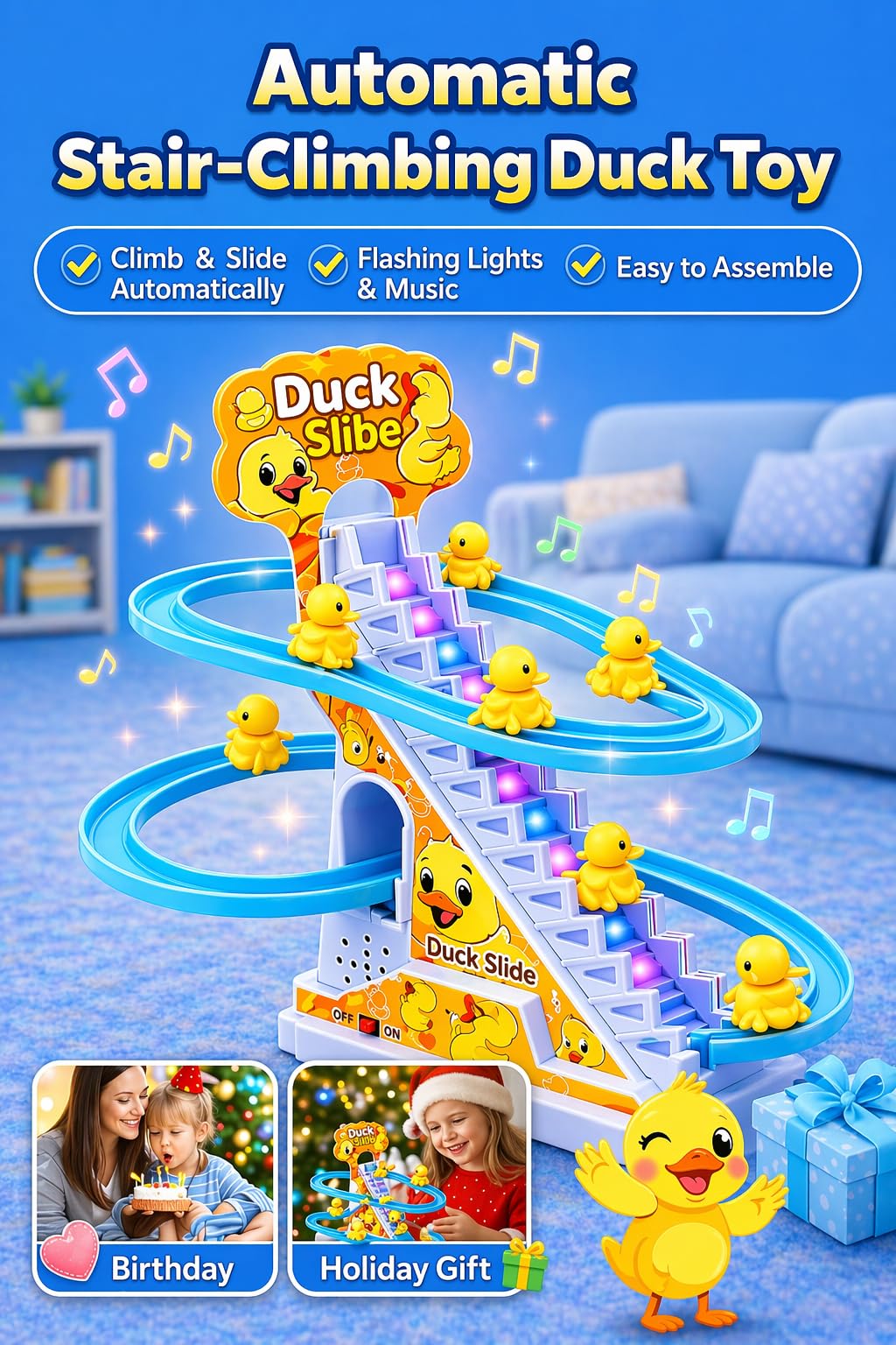 TEC TAVAKKAL Duck Slide Toy Set, Funny Automatic Stair-Climbing Ducklings Cartoon Race Track Set Duck Roller Coaster Escalator Toy with Flashing Lights & Music (Duck Slide Track Set) — Amazon image 5