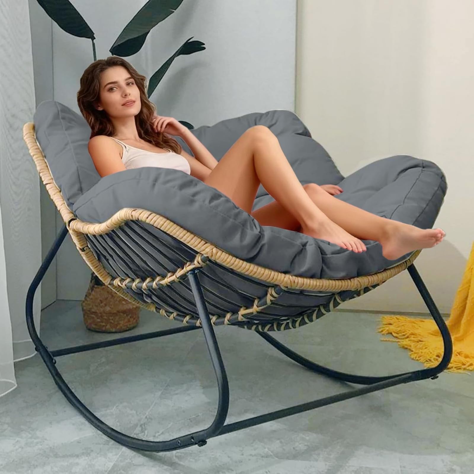 BYGSBKDP Giant Leisure Patio Rocking Chair for Adults, Comfy Wicker Papasan Chairs, Outdoor Egg Chair, with Soft Thick Cushio for Indoor, Grand, Patio, Living, Bedroom, Reading Room (Dark Grey) โ image 1