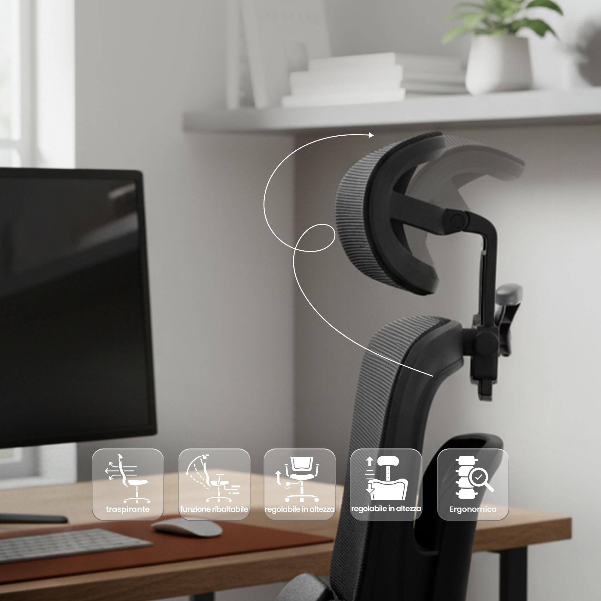 CLP Sedia ergonomica con poggiatesta Lothenda, regolabile in altezza con supporto lombare, braccioli 3D, sedia girevole fino a 150 kg Colore:nero