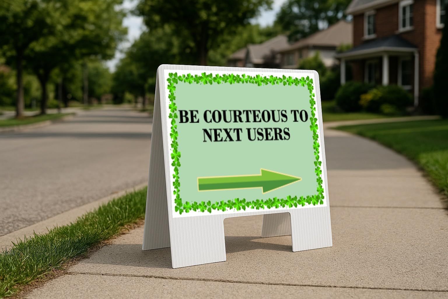 Be Courteous To Next Users St. Patrick's Day Irish Clover Sage Green Directional Arrows A-Frame Double Sided 23x23 in. Yard Road Sign