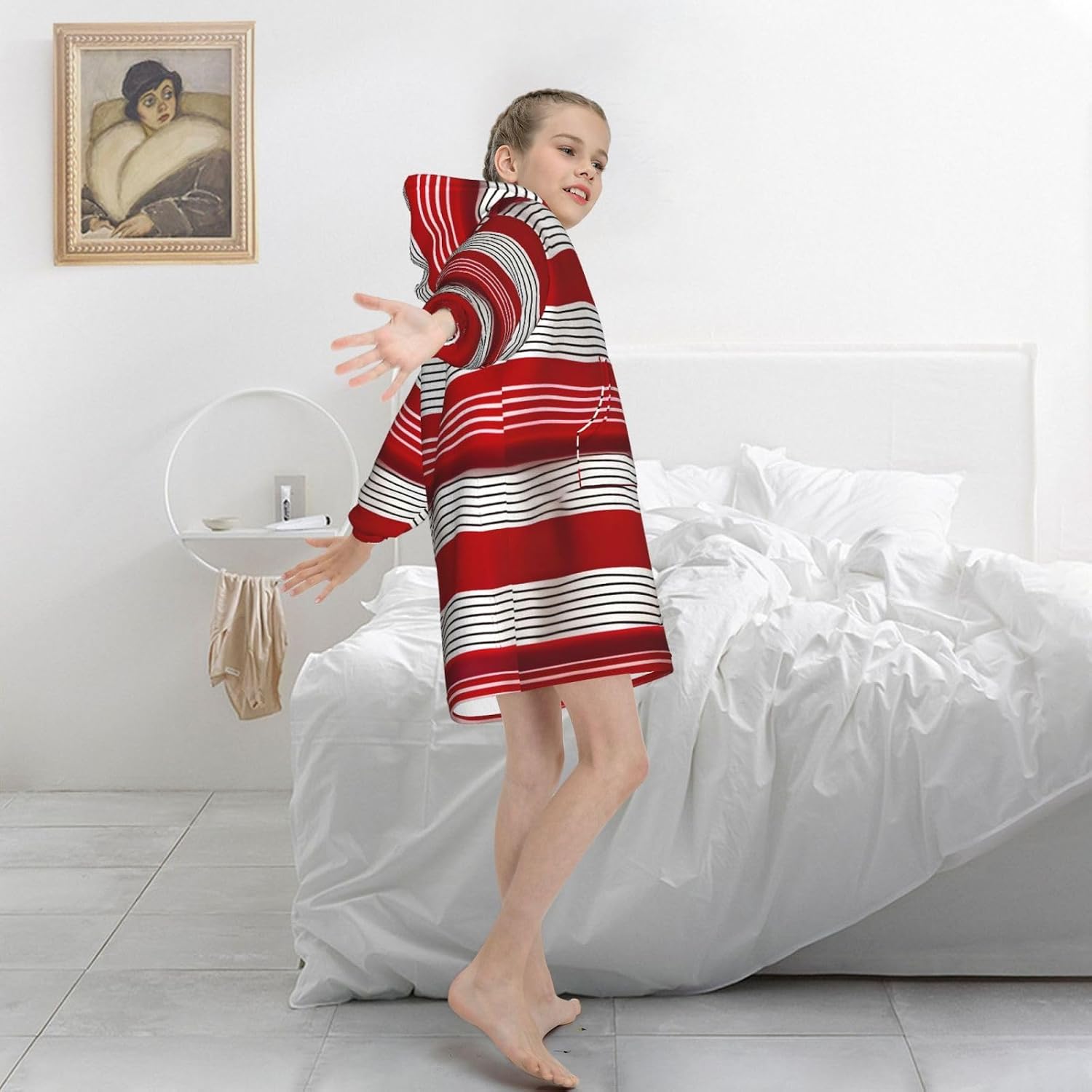 Red Stripe Print Oversized Blanket Hoodie, Wearable Blanket Hooded,Hooded Pullover With Pocket