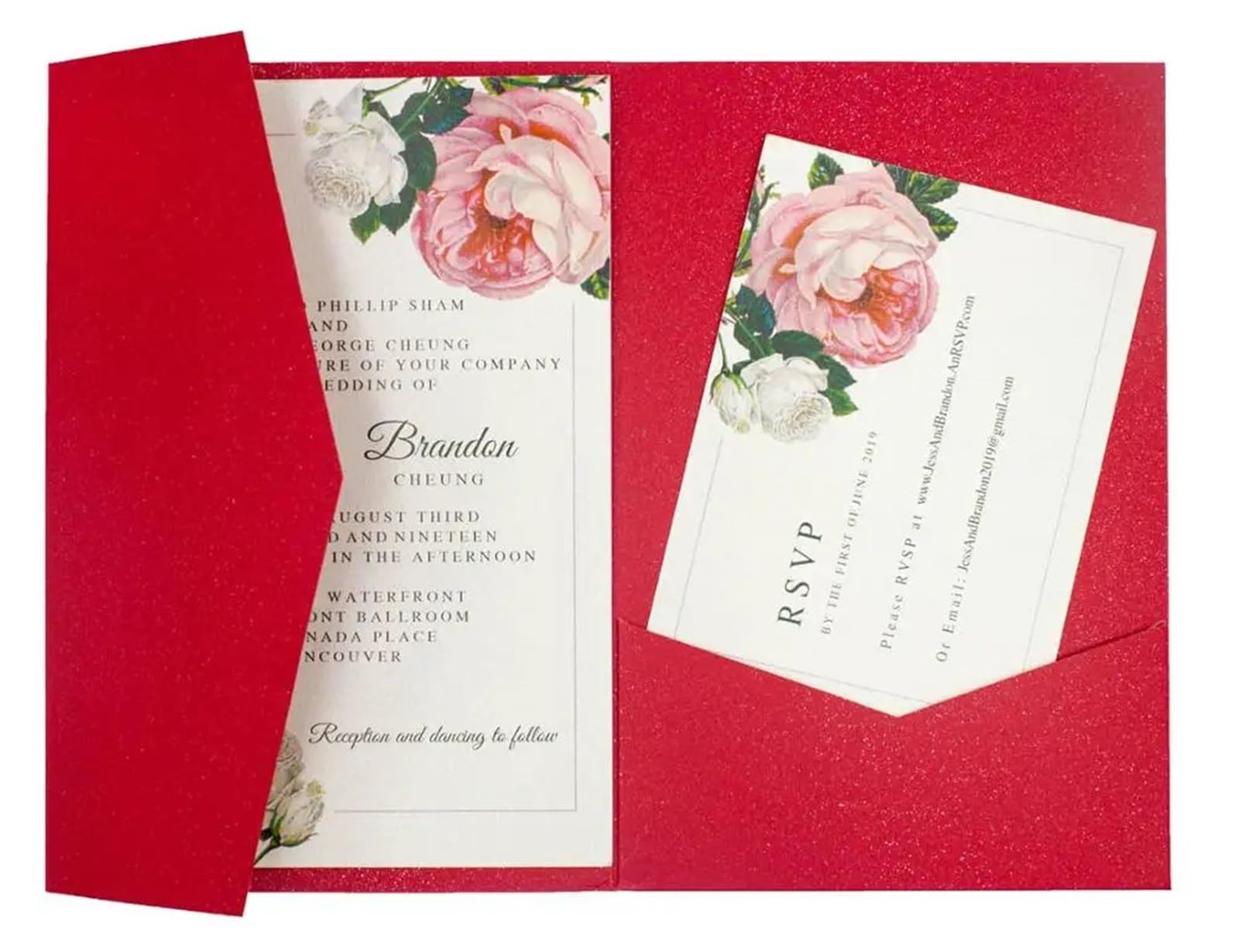 Einladungskarten Hochzeit 50 dreifach gefaltete Hochzeitseinladungskarten mit Rosen-Laserschnitt, Taschen-Einladungsumschlag Hochzeitseinladungskarten(Color:Pearl red,Size:Custom set)