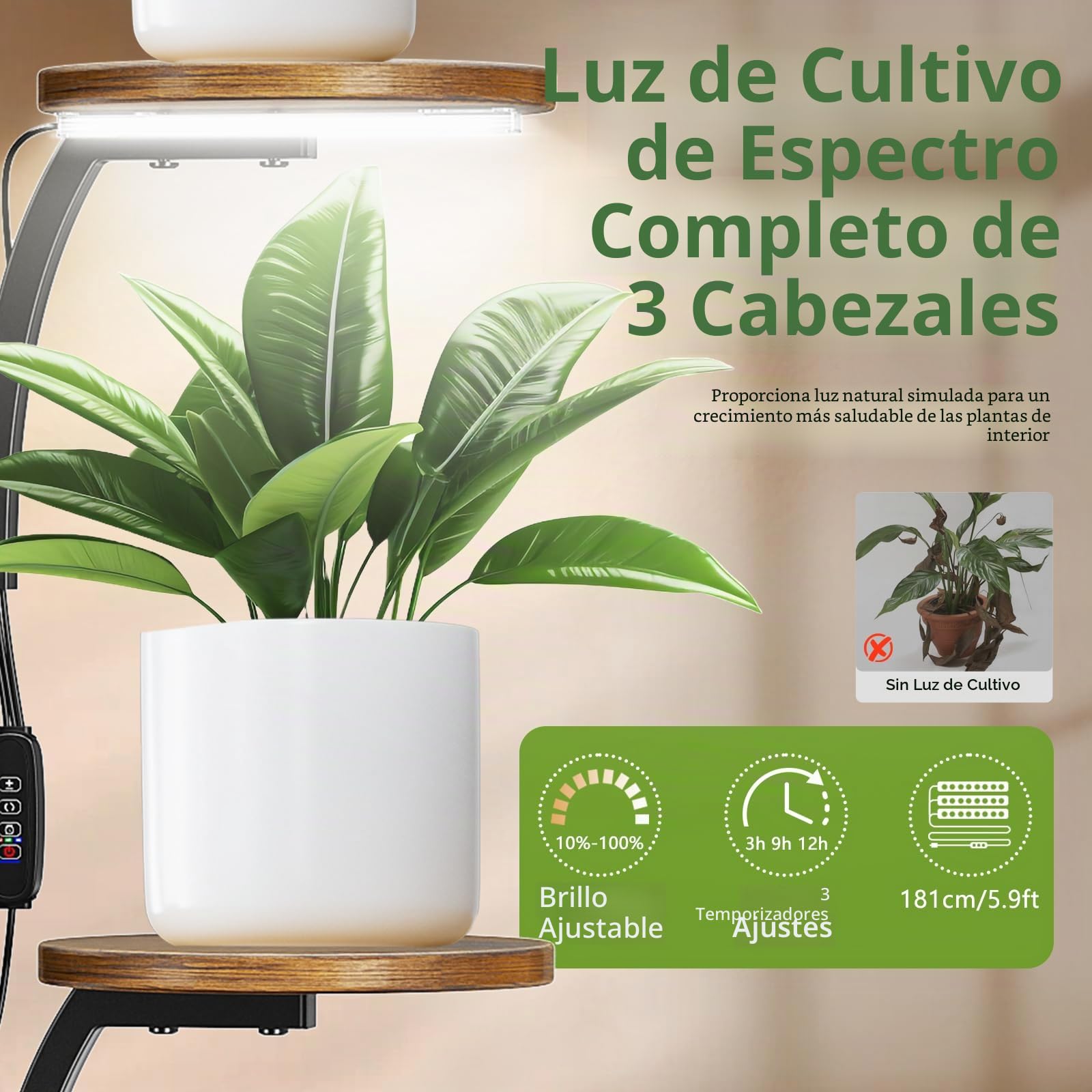 Estantería para Plantas con Luz de Crecimiento, Soporte para Plantas Interior 7 Niveles Diseño de Árbol, Estantería Plantas de Metal y Madera con Temporizador 3/9/12h y Brillo Ajustable