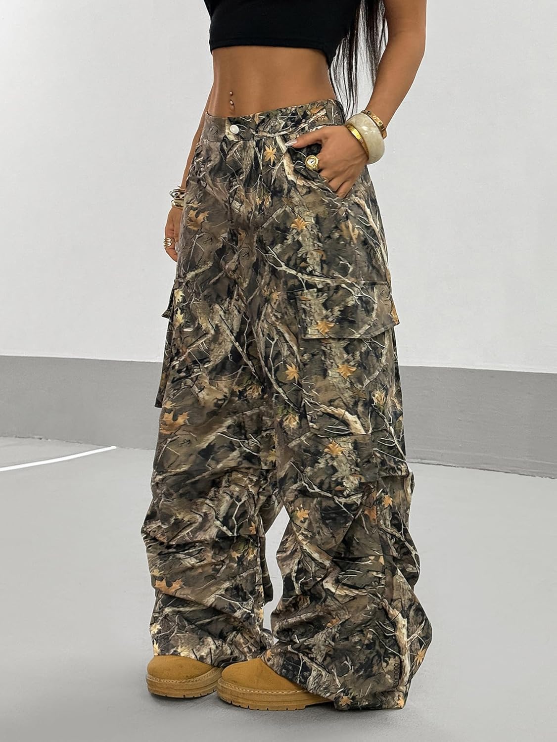 OYOANGLE Women's Camo Print Baggy Cargo Pants Elastic Waist Flap Pocket Straight Leg Trousers Streetwear - Image 3