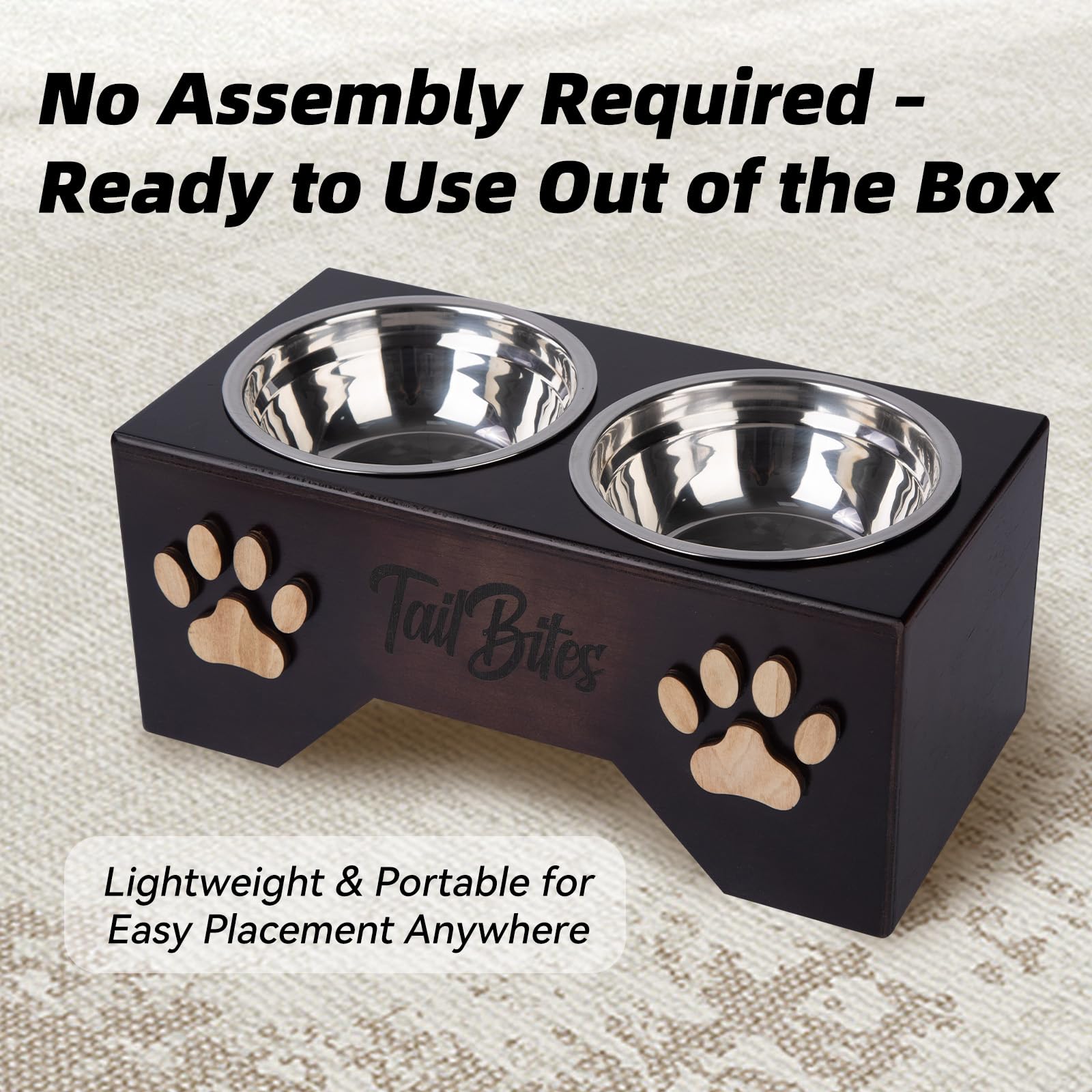 Tail Bites Elevated Feeder – Wooden Raised Bowl Stand for Medium Dogs, Includes 2 Stainless Steel Bowls and Bonus Durable Chew Treat (13.8