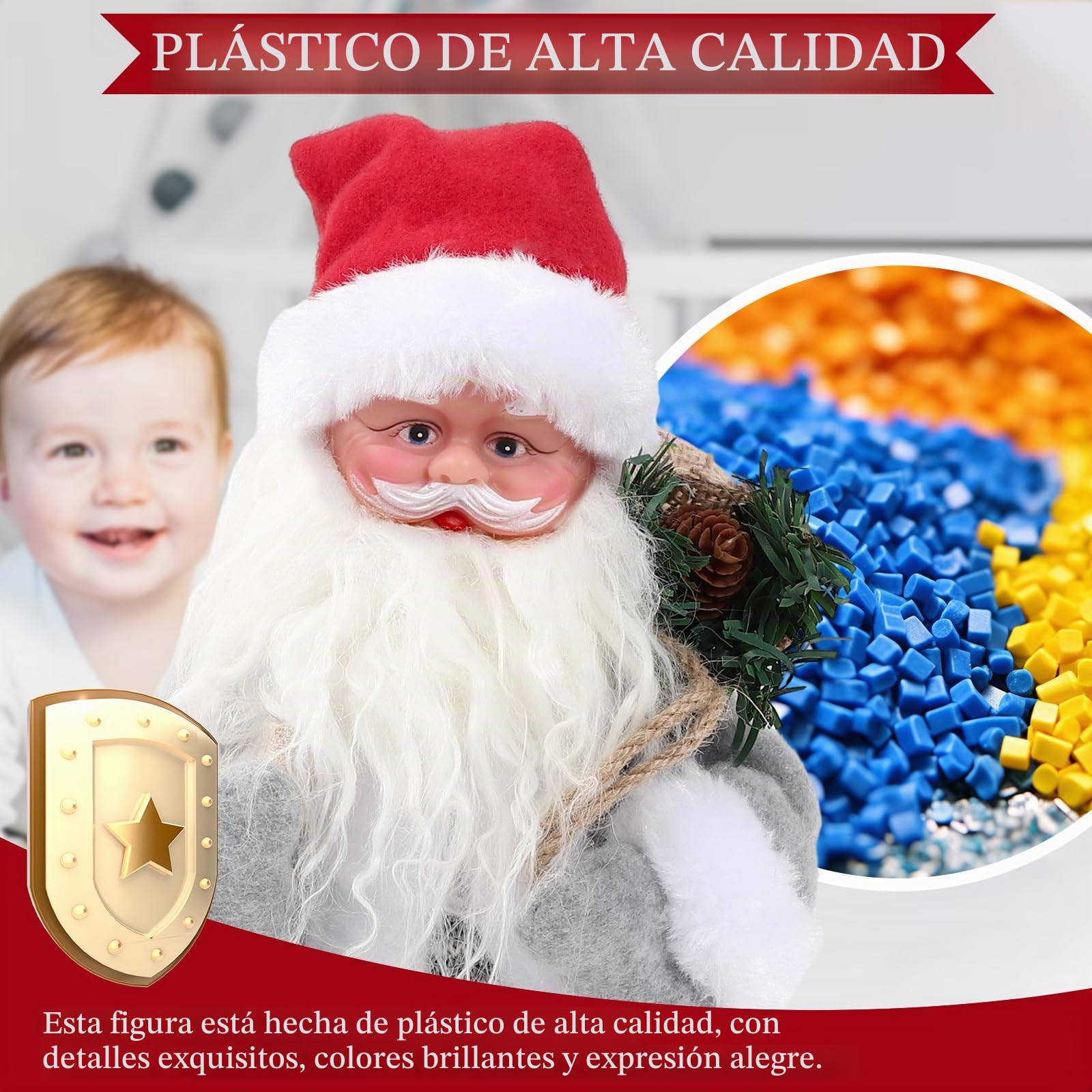 Gfilay Papá Noel Animado con música y Brazos móviles | Figura musical de Papá Noel con libro y saco de regalos, decoración navideña de interior para el hogar