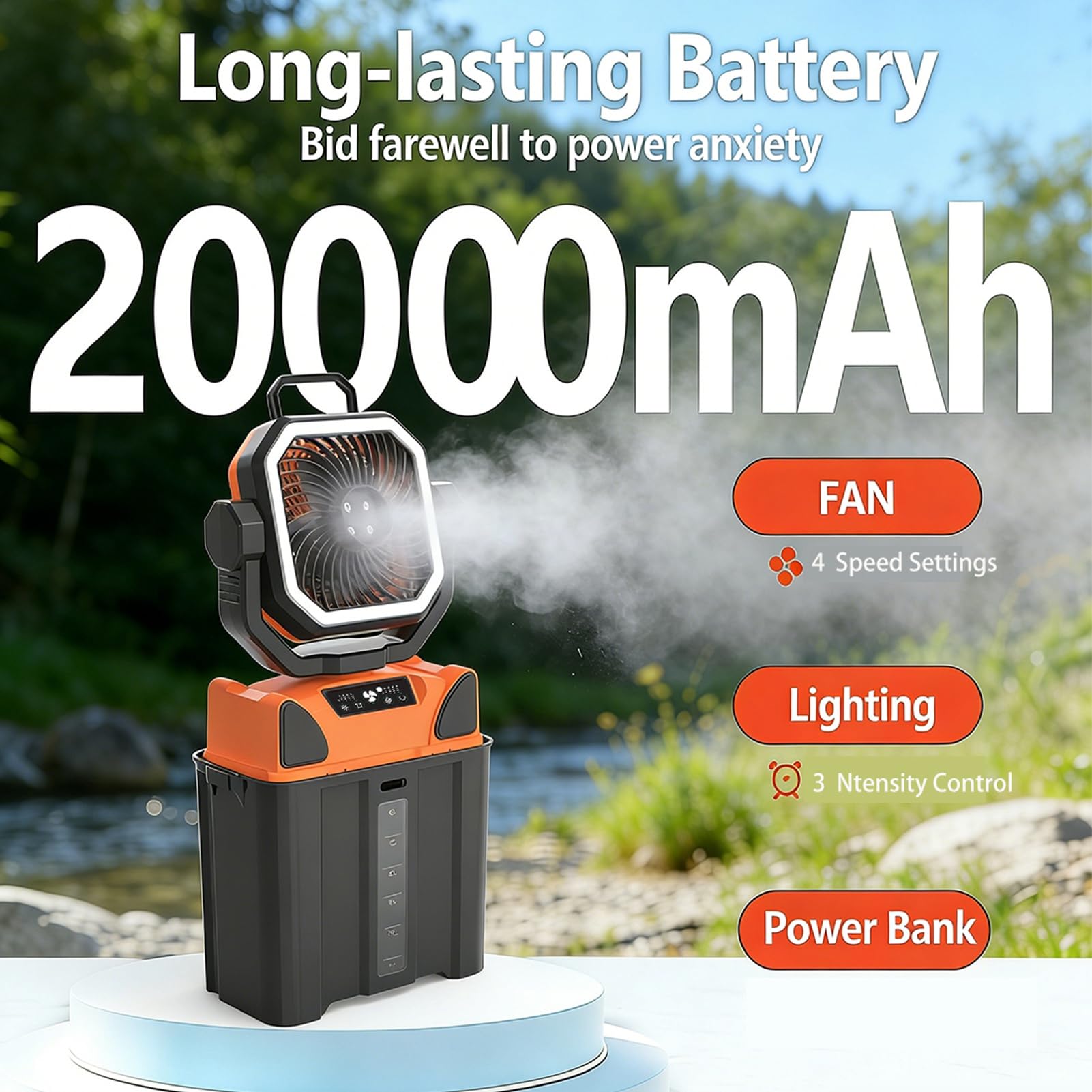 Vikye 3-in-1-Campingventilator, Batteriebetriebener 20000-mAh-Ventilator mit LED-Licht und 6-Liter-Eimer für Reisen, Schlafzimmer, Zuhause, Camping