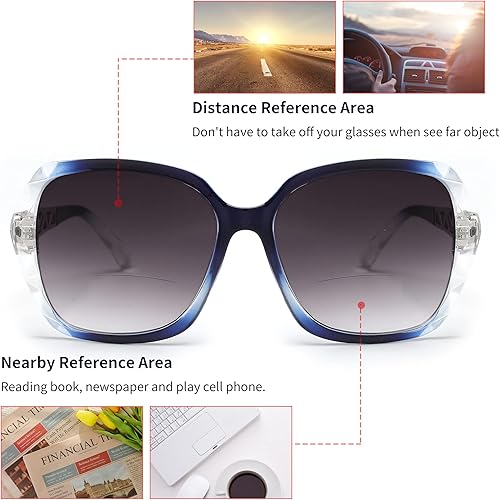 Miniatura 8 de JM Gafas de sol de lectura bifocales, gafas de lectura solar de gran tamaño para mujeres, protección UV para exteriores, color negro +2.0