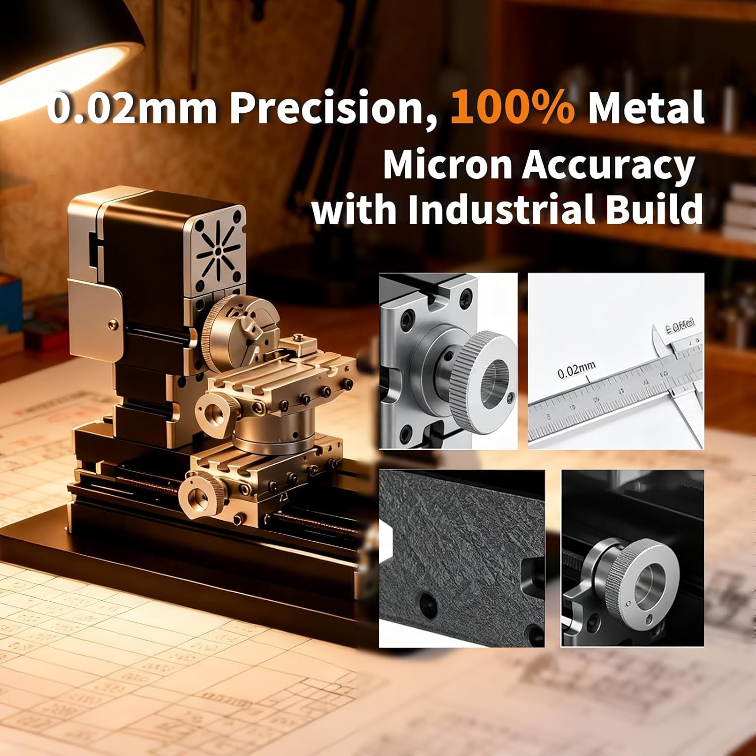 4-Axis All-Metal Micro Lathe, High-Power 60W Mini Lathe for Metalworking (Gold, Silver, Aluminum, Copper), Wood & Plastic, with Safety Guard & Quick Indexer
