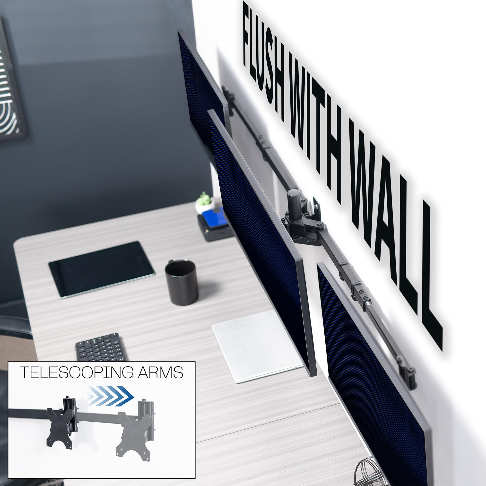Vivo MOUNT-TS03C Support Mural pour Triple Moniteur, 3 écrans jusqu'à 10 kg, Ultra Large sur Le Support Central jusqu'à 96,5 cm, Bras télescopiques réglables, Montage Mural, Noir