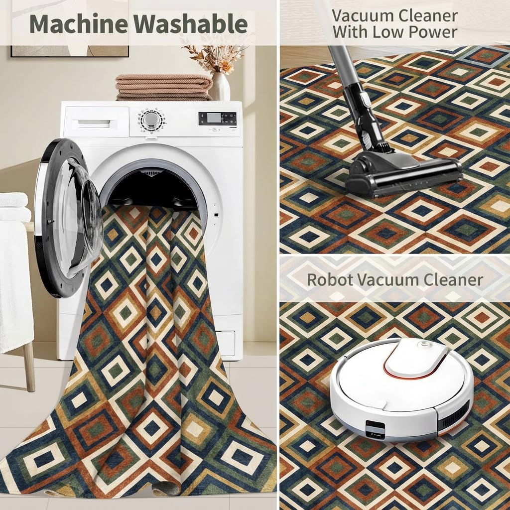 5x7 Retro Geometric Diamond Area Rug - Non-Slip Washable Low Pile, Olive Green Rust Red Navy Layered Pattern Carpet for Bedroom, Living Room, Dining Area, Home Office