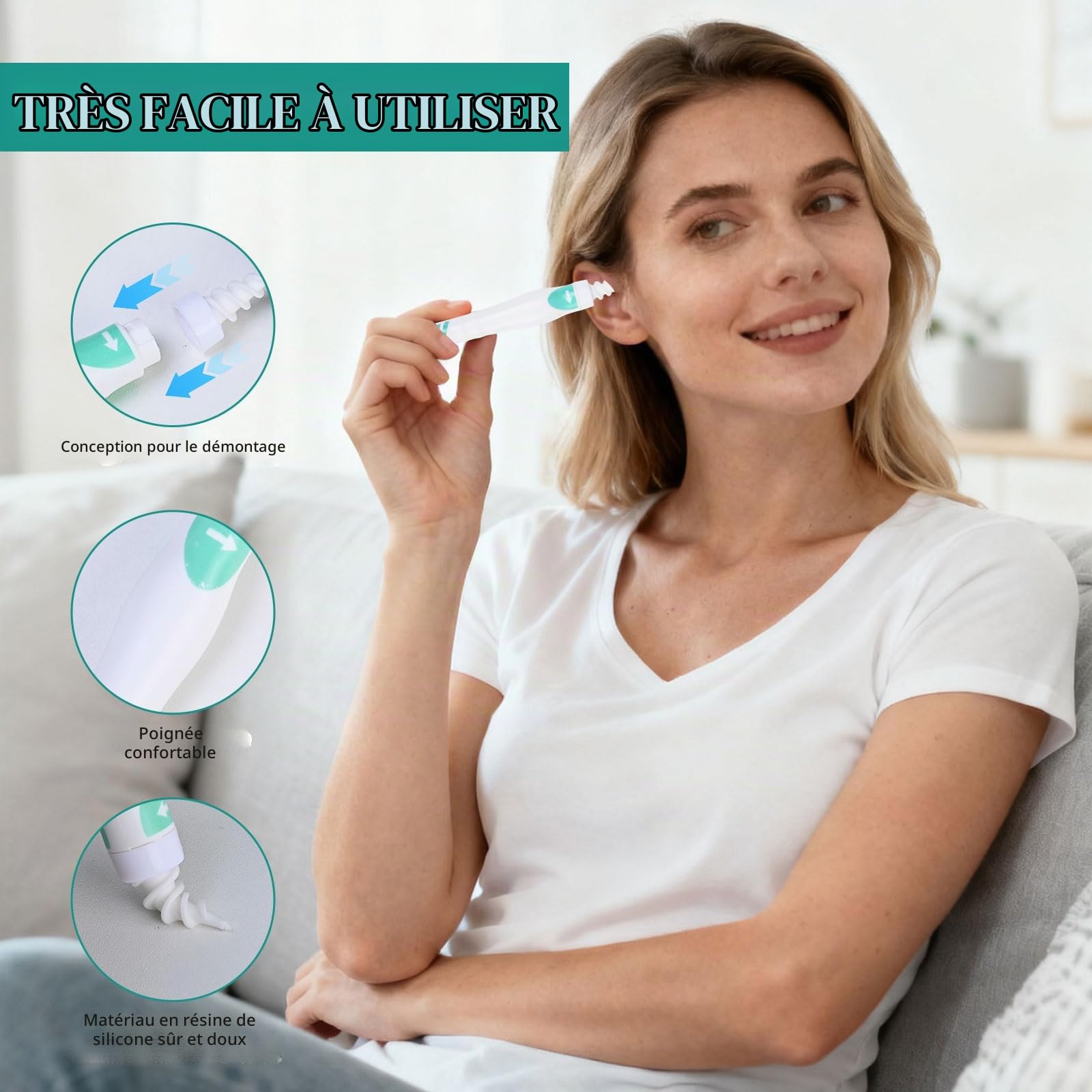 Nettoyeur Oreille Spirale 360° en Silicone, Nettoyant Doux avec 3 Types de Têtes, Kit Auriculaire pour Adultes et Enfants, 16 Embouts Lavables