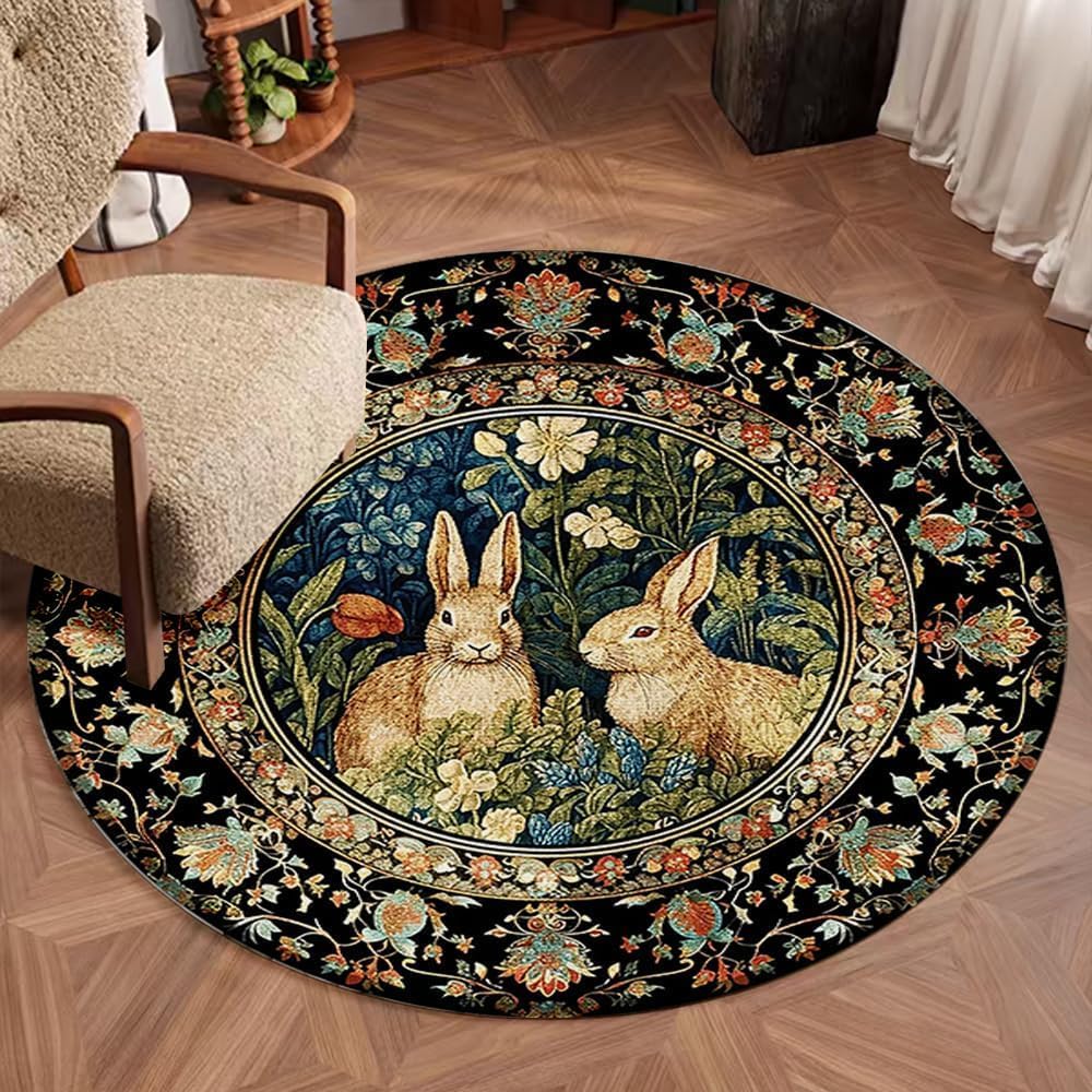 Cartoon Bunny Round Rug 63 Inches Machine Washable Round Bnuuy Area Rugs for Living Room Animal Nursery Rug Cute Rabbit Playroom Area Rug for Living Room