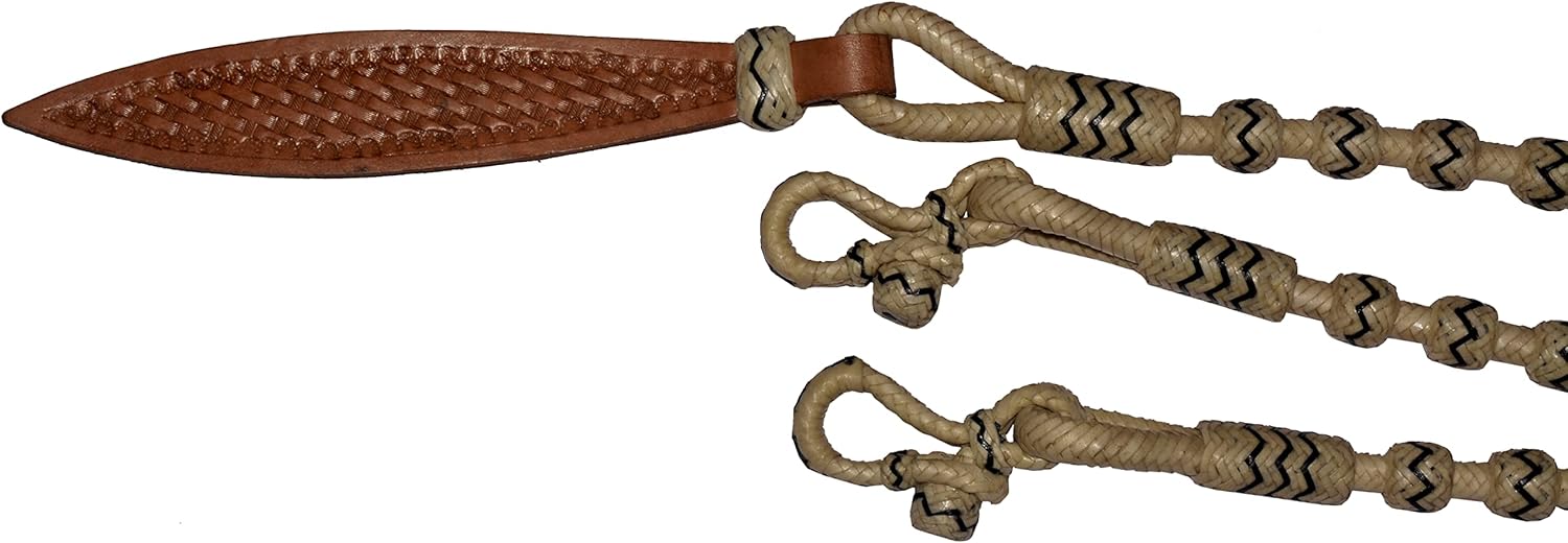 Natural & Black Knots Raw Hide Leather Horse Tack Hand-Braided Romal Romel Reins Hand Made Rope/Rope Reins-8.5 Ft, 52' Romel