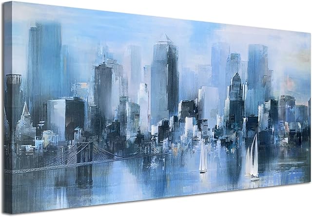 Acocifi New York Canvas Wall Art Modern Abstract Cityscape Picture Brooklyn Bridge Skyline Painting Navy Blue Grey Textured Artwork Framed for Living Room Bedroom Office Home Decor Extra Large 60"x30"
