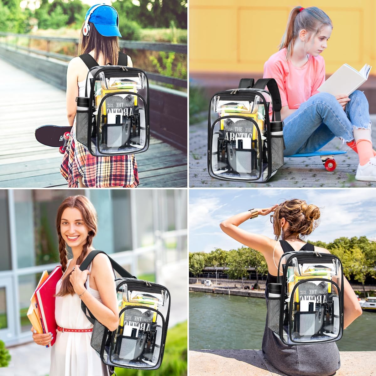 Clear Backpack Transparent Backpacks with USB Charging Port for 15.6'' Laptop Large Heavy Duty PVC School Bookbag Stadium Approved See Through Backpack for Women Men Kids Travel Work Security College