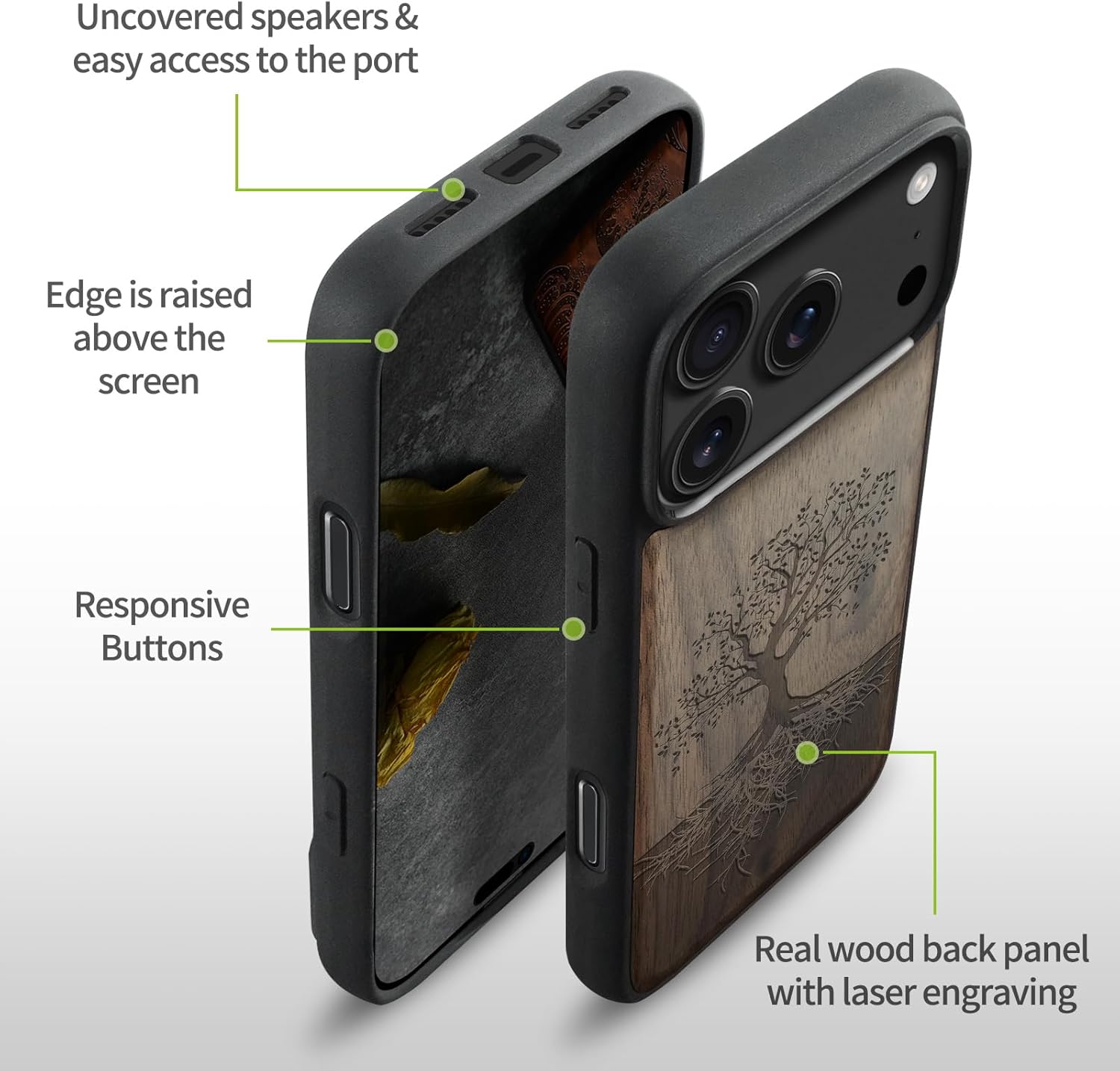 Carveit Magnetic Wooden Case for iPhone 17 Pro Max Case, Wood Artisan Engraved & Black Soft TPU Shockproof Cover, Compatible with MagSafe Wireless Chargers (The Yin Yang Tree) Walnut - Image 7